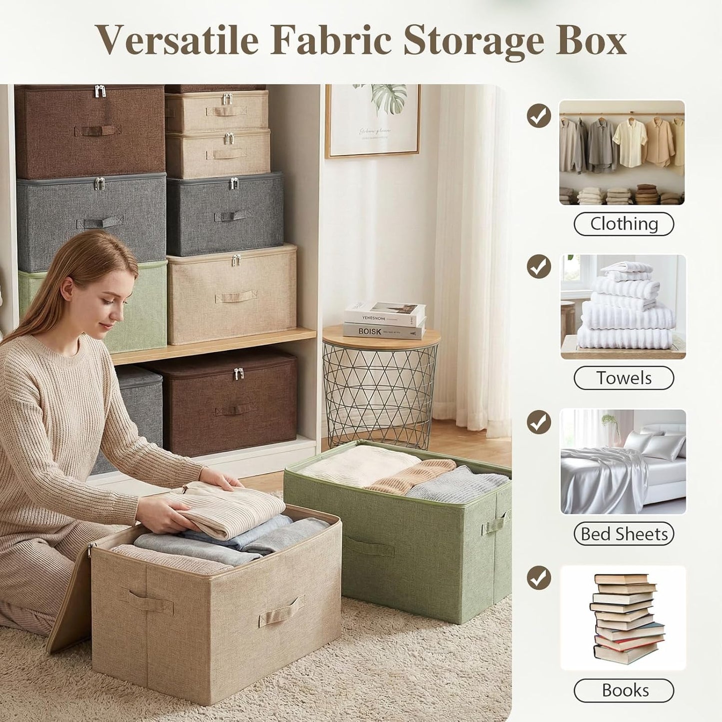 ANMINY 3PCS Storage Bins with Zipper Lids 36 Qt Lidded Fabric Storage Boxes Baskets Cubes with Handles Collapsible Washable Cotton Linen Closet Shelf Clothes Organizer Containers - Coffee, Large