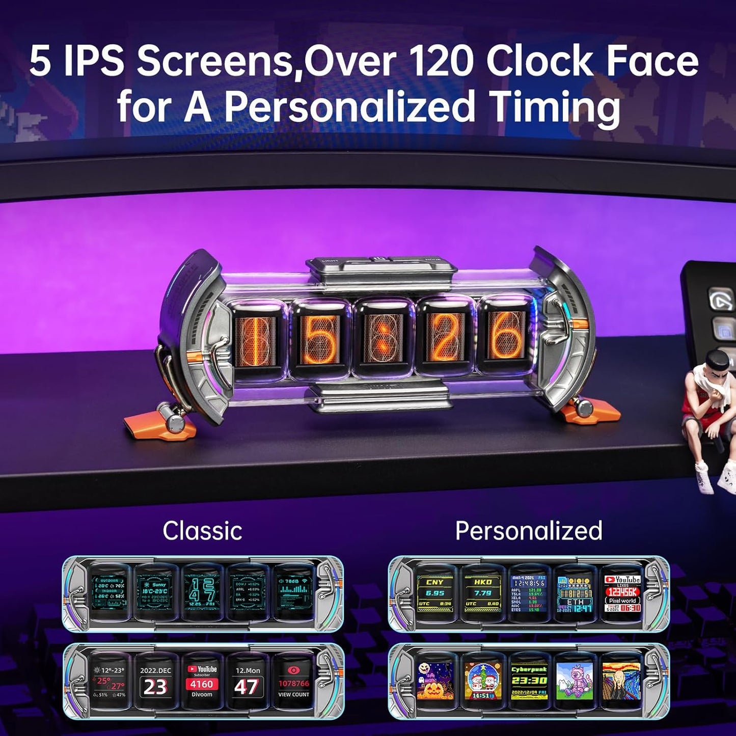 Divoom Times Gate - Cyberpunk Gaming Setup Digital Alarm Clock, Smart APP, WiFi Connect, RGB LED Display, Personalized Financial & Bitcoin Dashboard, Pixel Art for Gaming Room & Office Decor, Silver