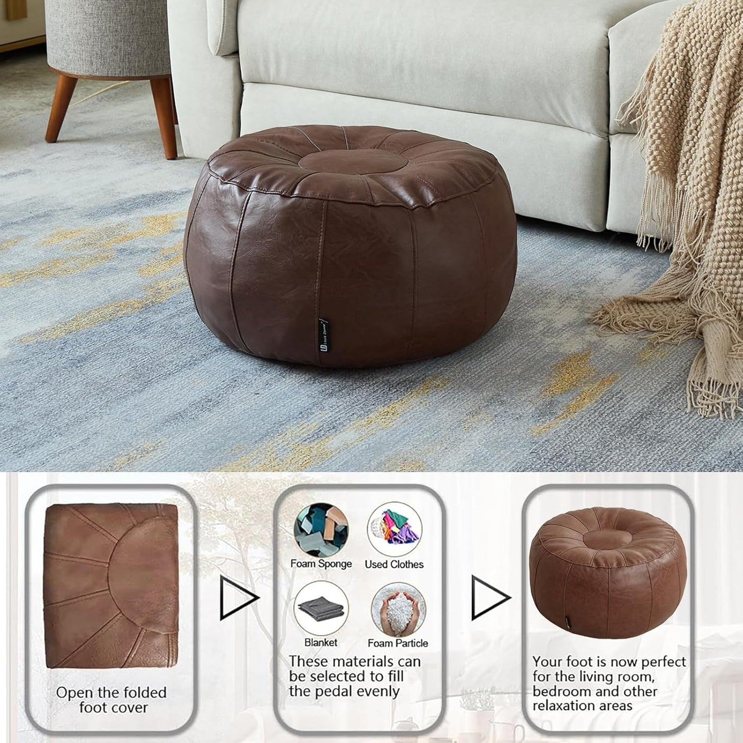 Louis Donné Unstuffed Pouf Stool Ottoman Footrest Cover Only Moroccan Vintage Storage Clothes Waterproof Faux Leather Small Bean Bag Cover Kits Reading Camping Travel pet Friendly (Only Cover)(Brown)