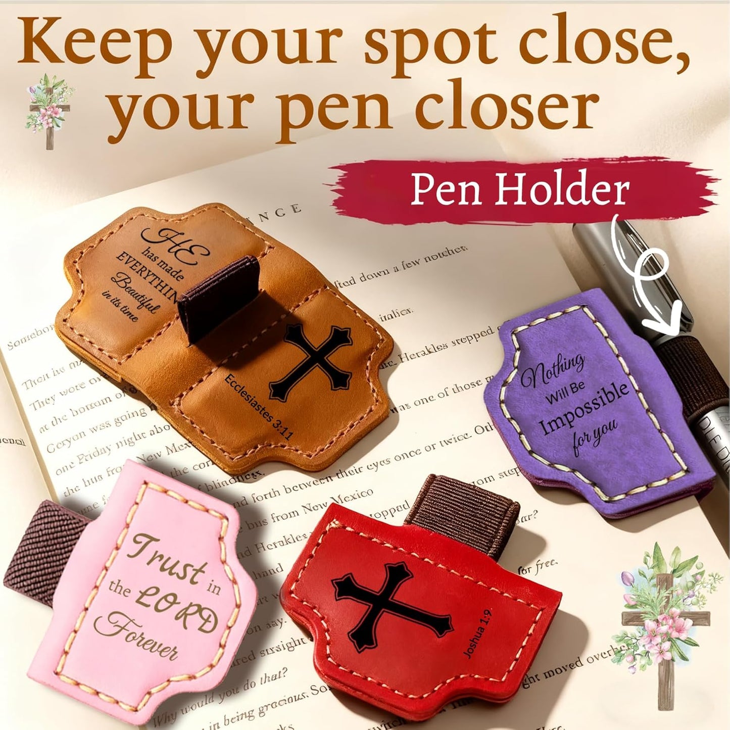 Personalized Leather Bookmark with Pen Holder - Magnetic Bible Verse Design, Christian Book Lovers Reading Accessory, for Book Lovers Men Women (Brown, Psalm 119:105)