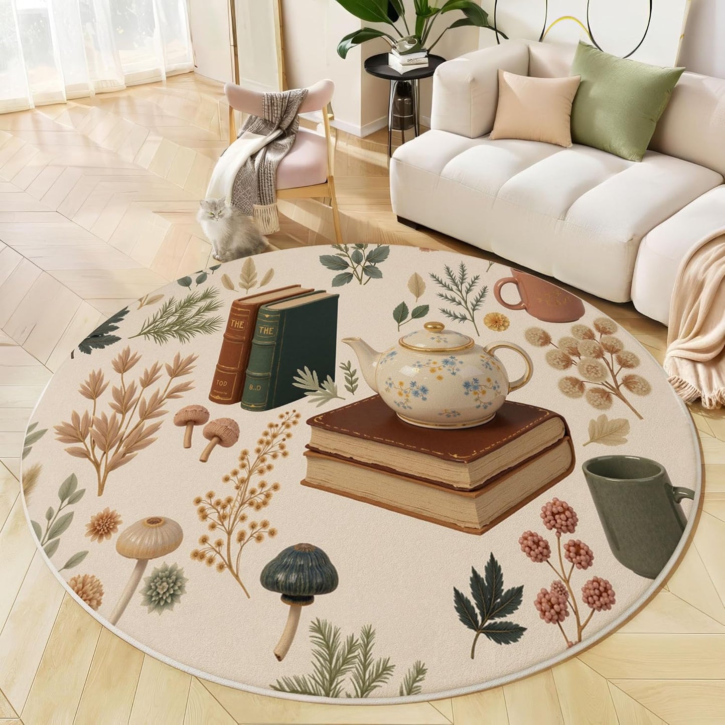 Modern Round Area Rug for Living Room, 5.25Ft Washable Round Rug Cream Color Vintage Teapot Books Circle Rugs for Dining Room Table, Country-Style Illustration Small Circular Floor Carpet for Bedroom