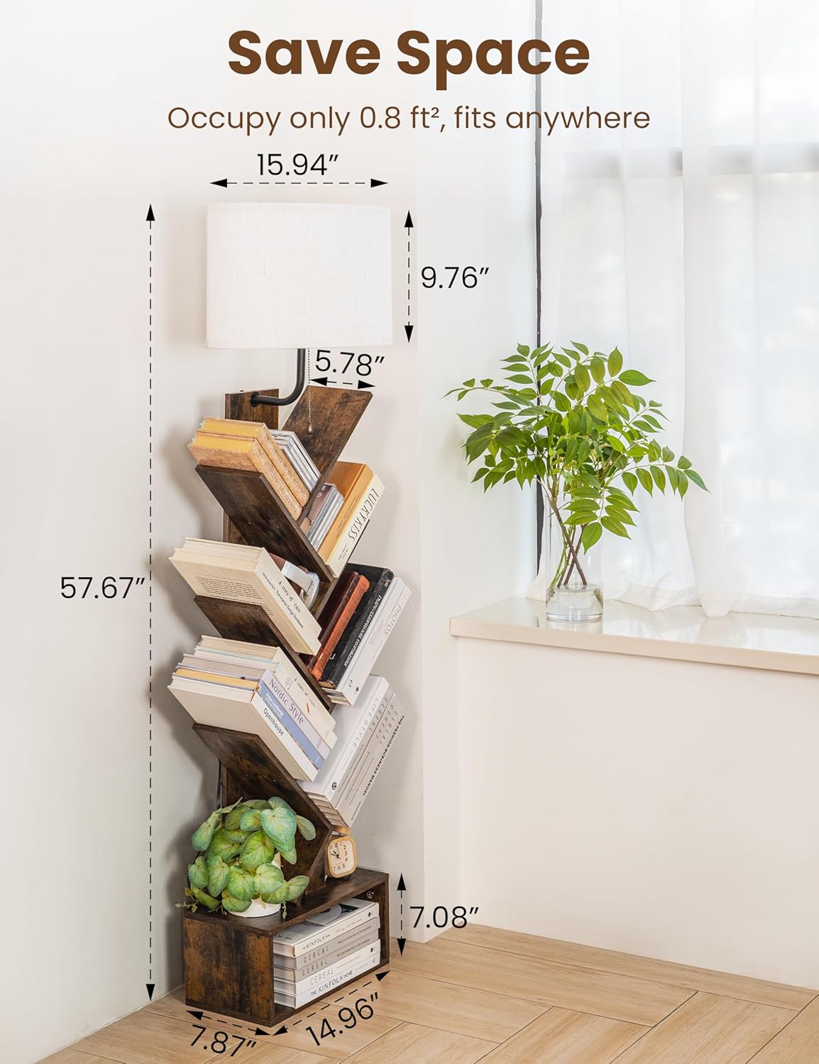 6 Tier Tree Bookshelf with Light, Corner Tall Narrow Bookshelf, Small Bookcase with Storage Cabinet,Floor Standing Bookshelves Organizer for Bedroom/Living Room/Home Office, Rustic Brown
