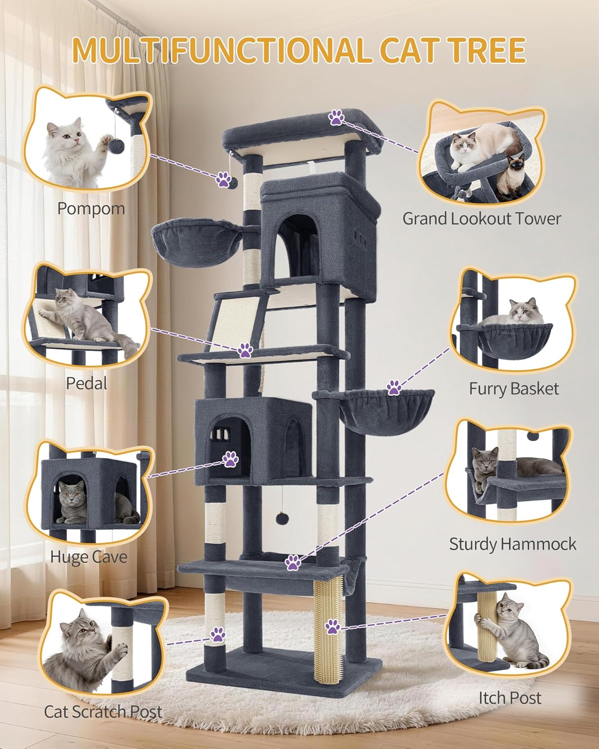 Large Sturdy Cat Tree Tower, 75 Inch Tall Pet Condo for 7 Large Cats, Cat Tree Indoor Climbing Activity Tower, 2 Large Platform/2 Cave/2 Hanging Basket/5 Scratching Post, Dark Grey MS19018SG