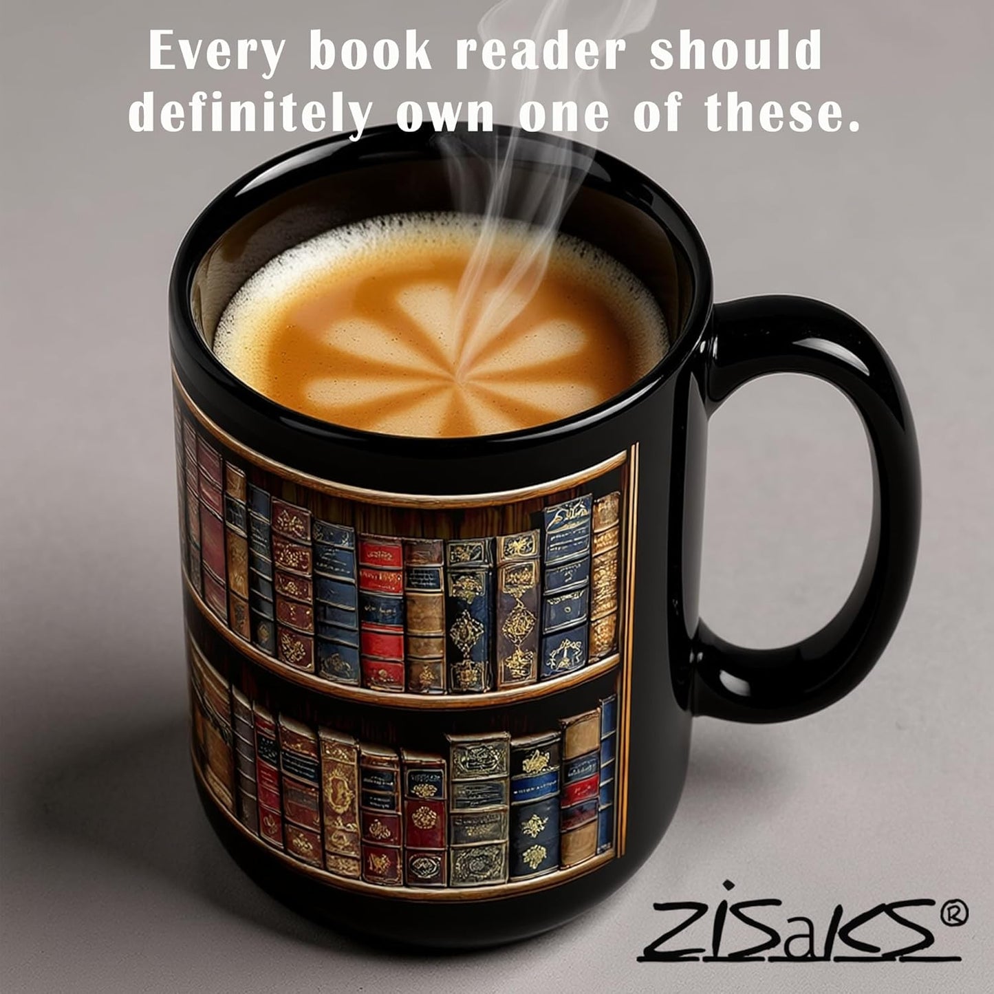 Book Mugs For Book Lovers: 15oz Capacaty, Made of Glossy Black Ceramic Perfect Reader Gifts, Bookshelf Design (Black, 15 oz B)