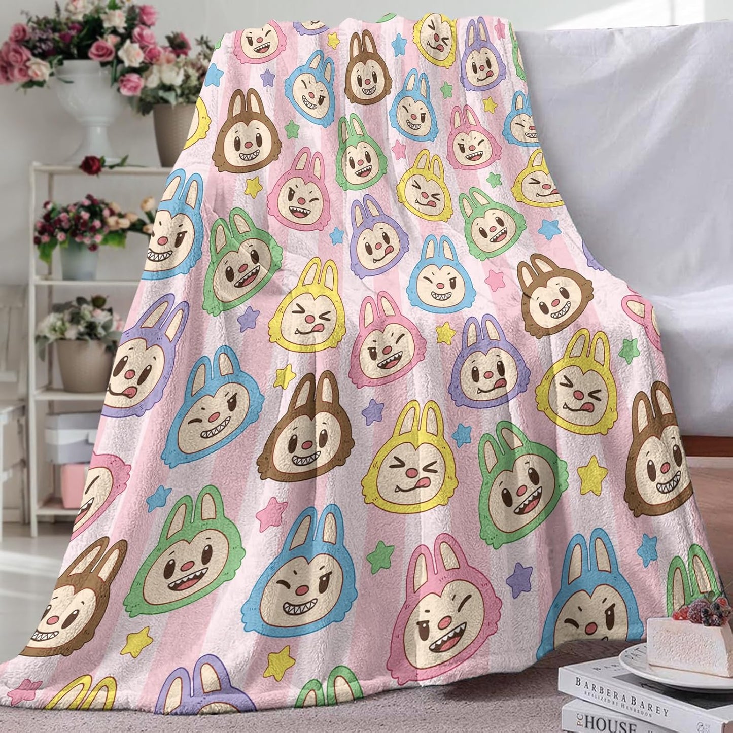 Pycat Cute Macaron Flannel Throw Blanket, Monster Stars Birthday Gifts for Men Women Adults, Stripes Soft Blankets for Bedding Sofa 50 x 60 Inches
