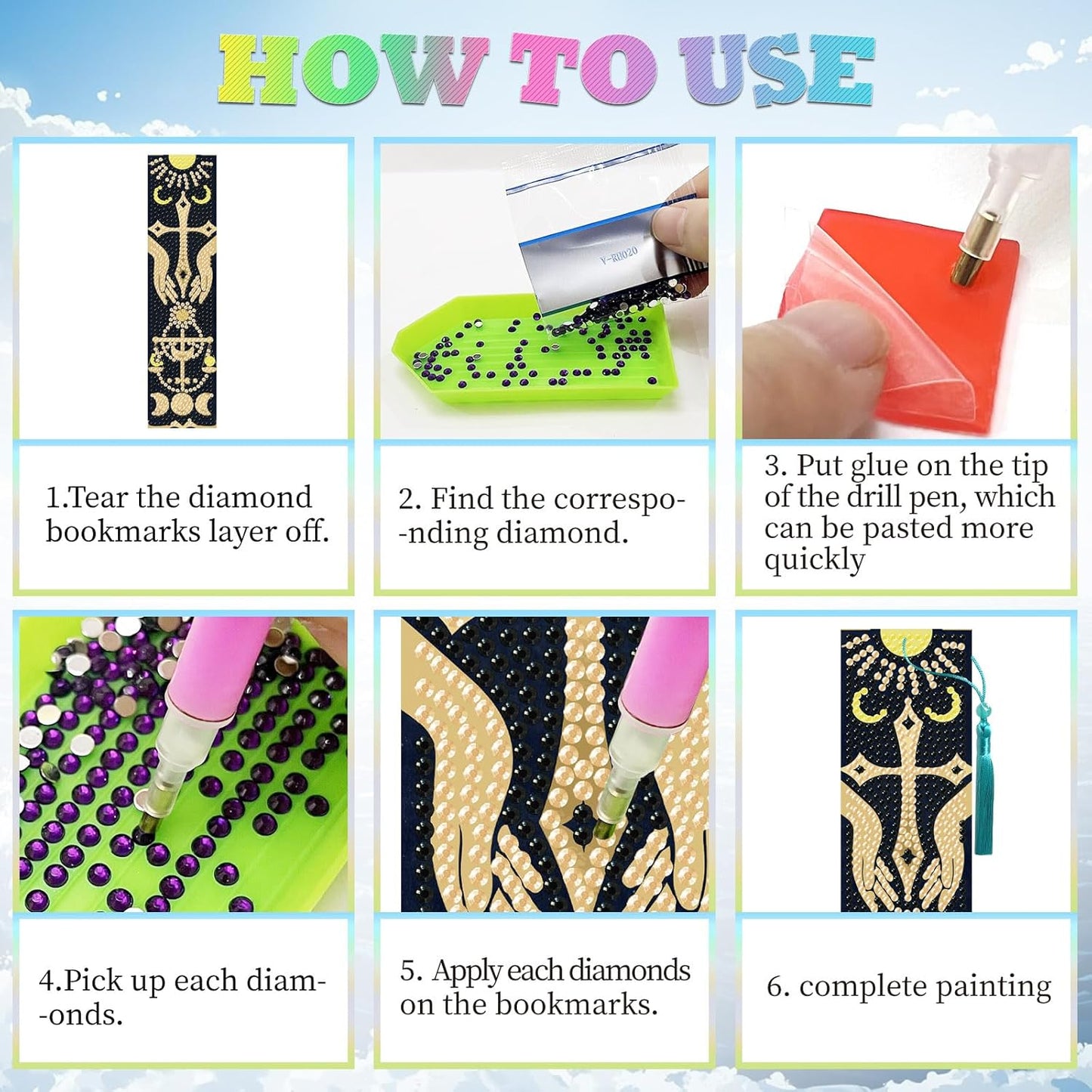 6Pcs Fantasy Divination 5D Diamond Art Bookmarks Sun Moon Scales Diamond DIY Painting Bookmarks Rhinestones Beaded Acrylic Tassel Bookmark for Adult Beginner Crafts