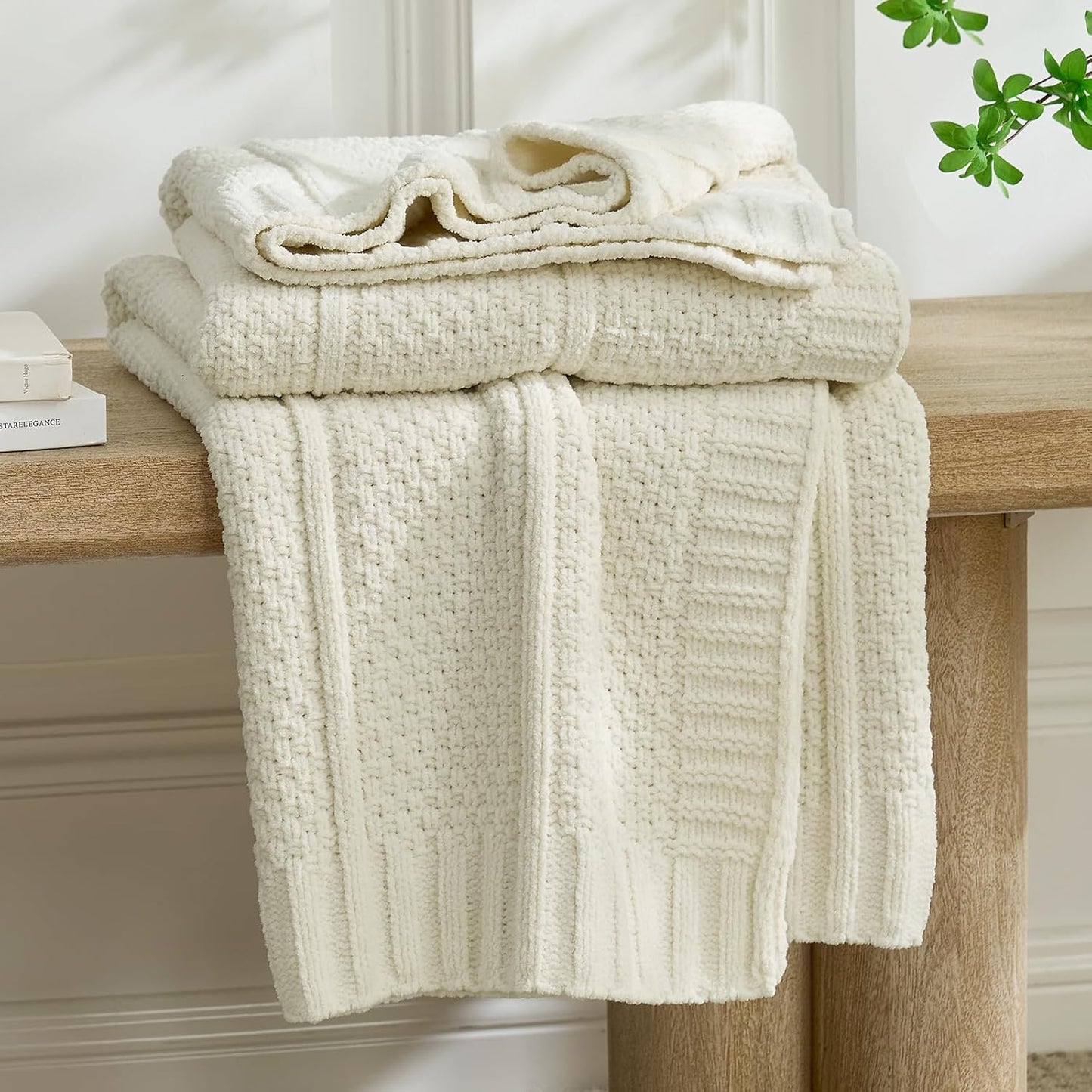 Amélie Home Premium Chenille Throw Blanket, Soft Cozy Moss Stitch Knit Blanket for Couch, Sofa, Chair, Home Decor, Ivory 50"x60"