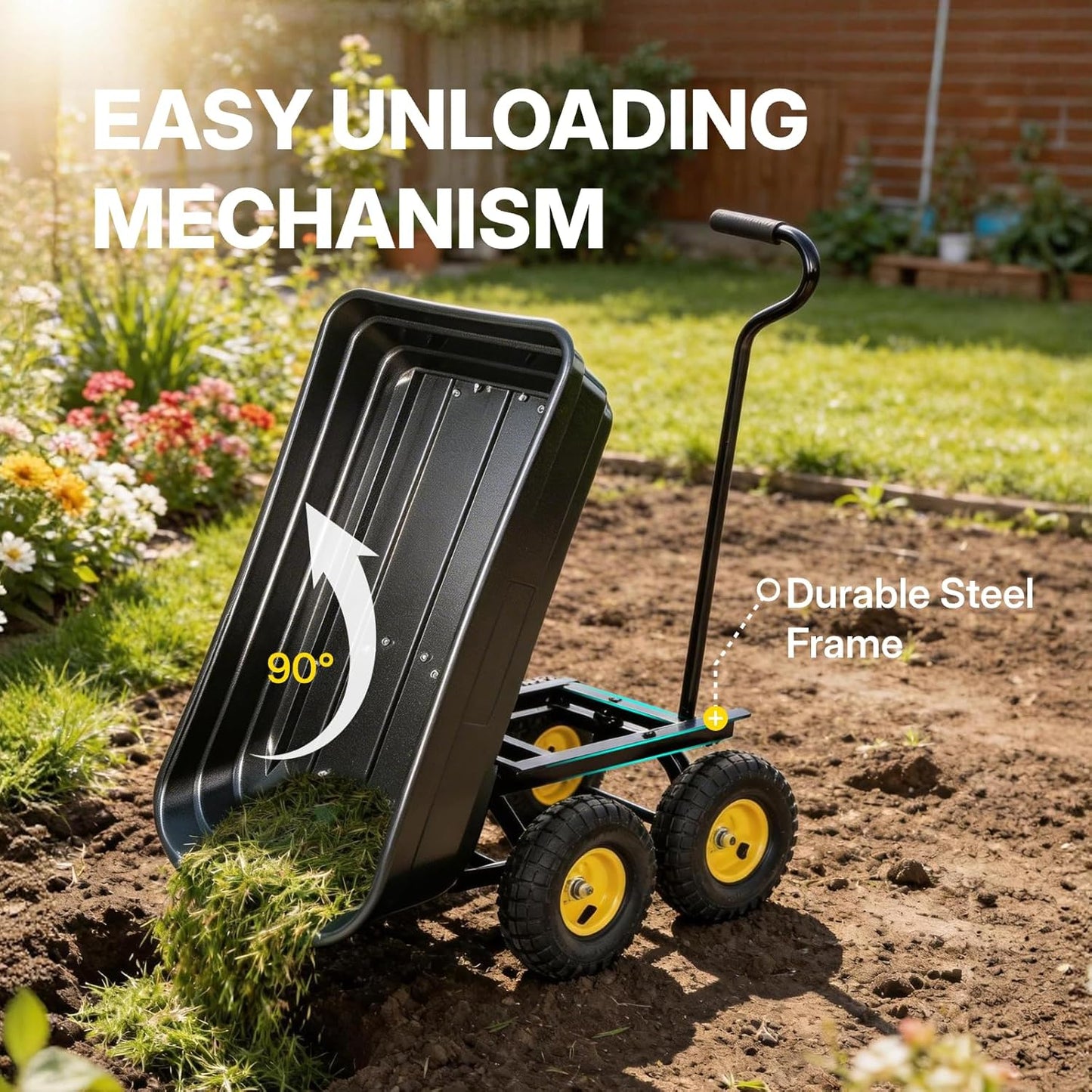 Heavy Duty Garden Dump Cart - 600lbs Load Capacity, 10" All-Terrain Wheels, Quick-Release System, Durable Poly Bed, 180° Rotating Handle, Yard Cart for Landscaping, Farm, and Outdoor Work