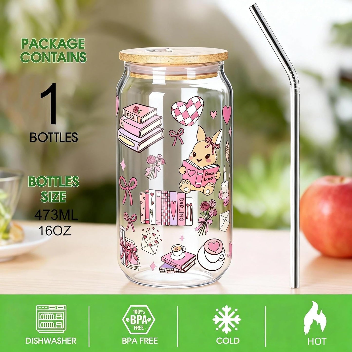 JOYMIA Iced Coffee Cup with Lid & Straw - Book Lovers Gifts for Women, Cute Cups for Reading & Office, Valentine’s Day Present, Bookish Gifts for Her