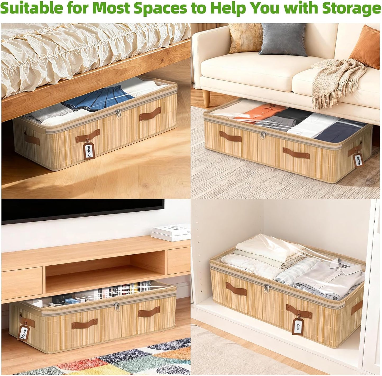 Livole 2 Pack Bamboo Under Bed Storage, 6 inches Underbed Storage Containers, 56L XXL Under Bed Storage Bins with Clear Lid & Label for Clothes, Blankets, Sweater, Shoes