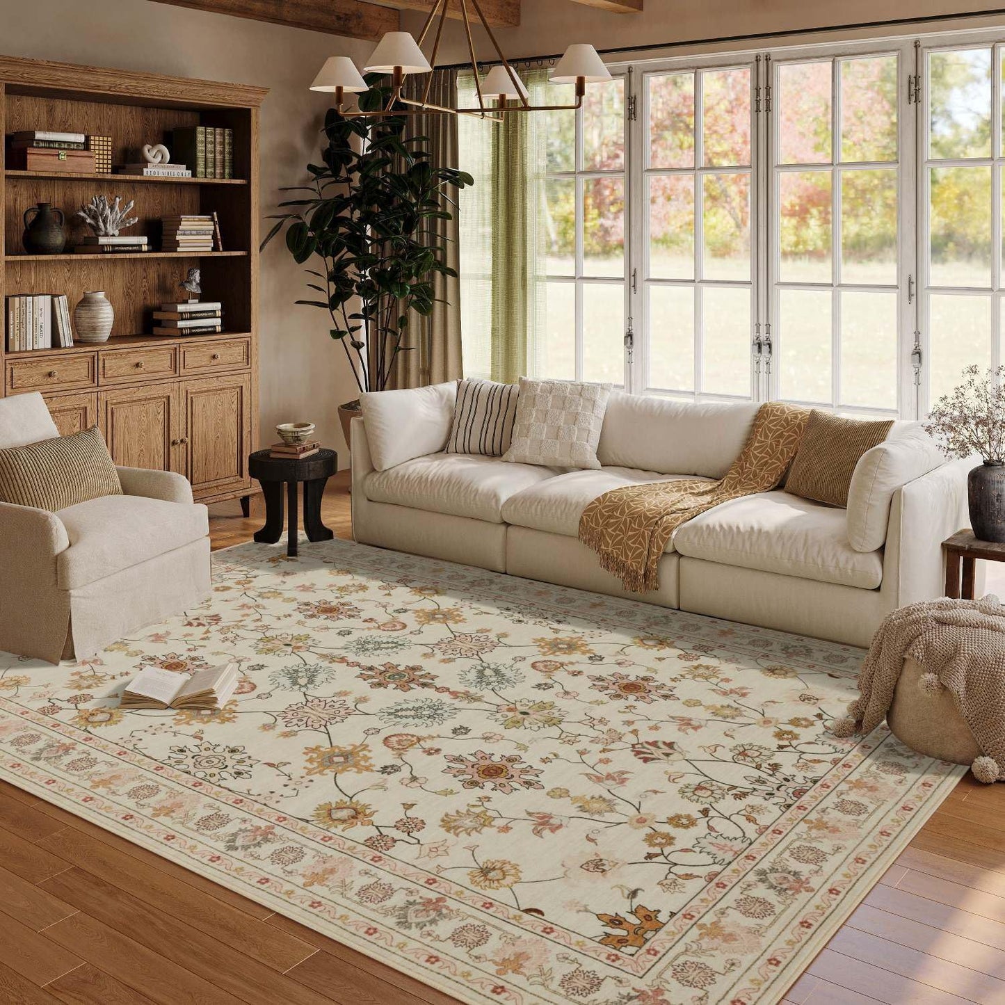 Floral Rug for Living Room Bedroom, 5x7 Washable Rug, Vintage Boho Area Rug, Large Non Slip & Low Pile Wool Carpet for Indoor Dining Room, Girls Room, Nursery Room and Kids Room(Apricot 5x7ft)