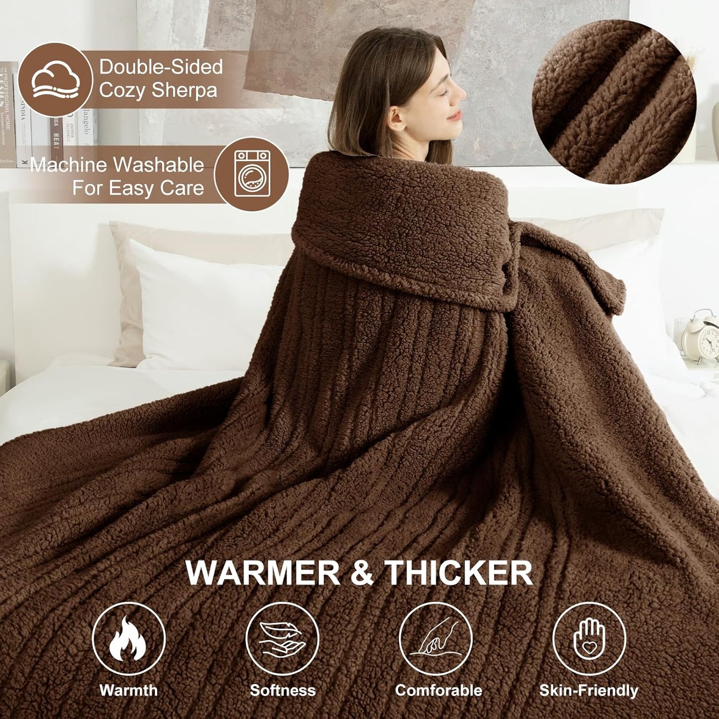 Electric Throw Blanket 50"X60"- Soft Double Sided Sherpa Heated Throw Blanket with 4 hrs Auto Shut Off & 5 Heatings Levels, ETL Certified & Overheating Protection for Home (Brown)