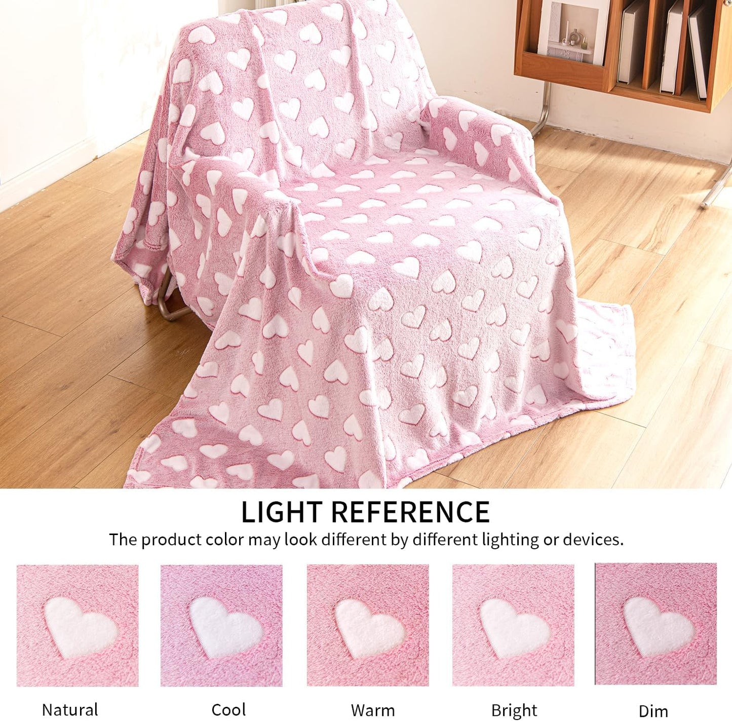 Glow in The Dark Throw Blanket, Soft Pink Heart Throw Blanket with Luminous Heart Pattern, Cozy Soft Blanket for Couch Sofa Bed, Cute Heart Design Blanket, All Season Use, 60 x 80 Inches