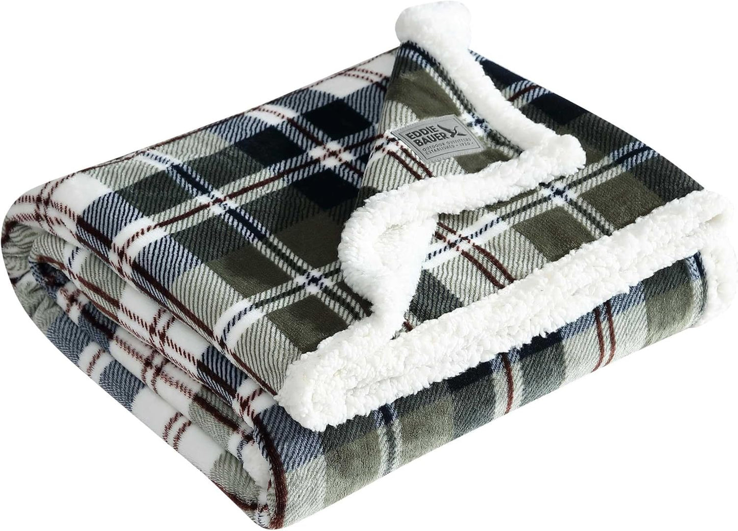 Eddie Bauer - Throw Blanket, Ultra-Soft Plush Bedding with Faux Shearling Reverse, Throw Blanket for Couch & Bed (Trailhead Plaid Green, 50" x 60")