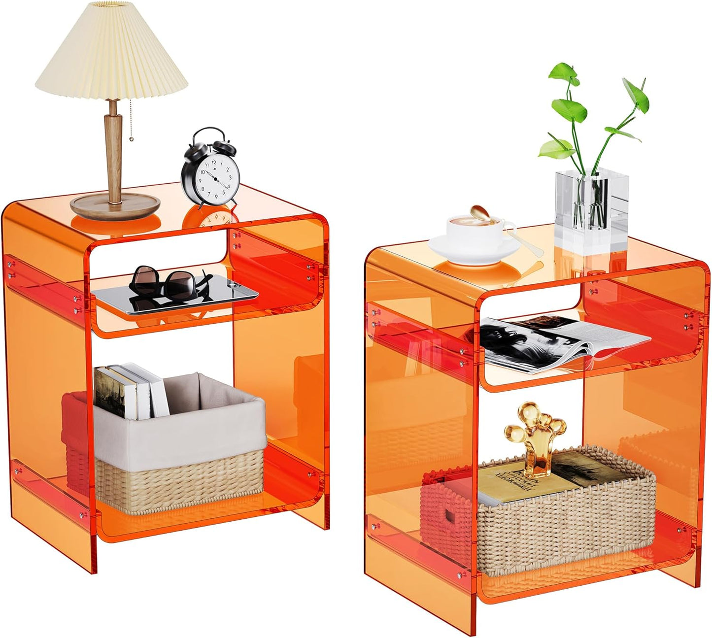 Acrylic End Table Record Player Table with Storage Shelf Clear Side Table Nightstand (Orange Double)