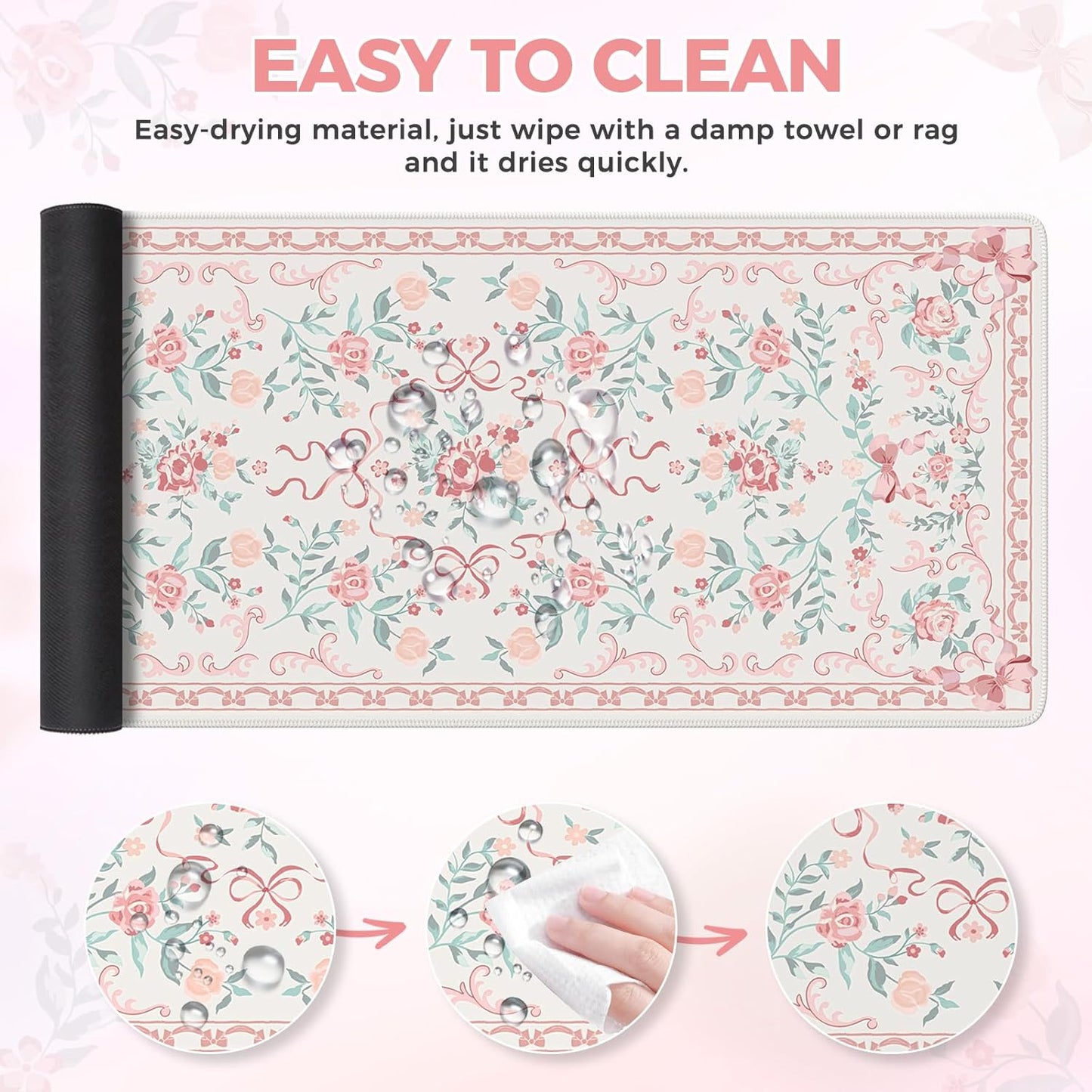 iCasso Pink Desk Mat for Desktop,Cute Desk Pad for Women,Girly Bow Mouse Pad with Stitched Edges,Non-Slip Large Computer Mat for Home Office Study Gaming