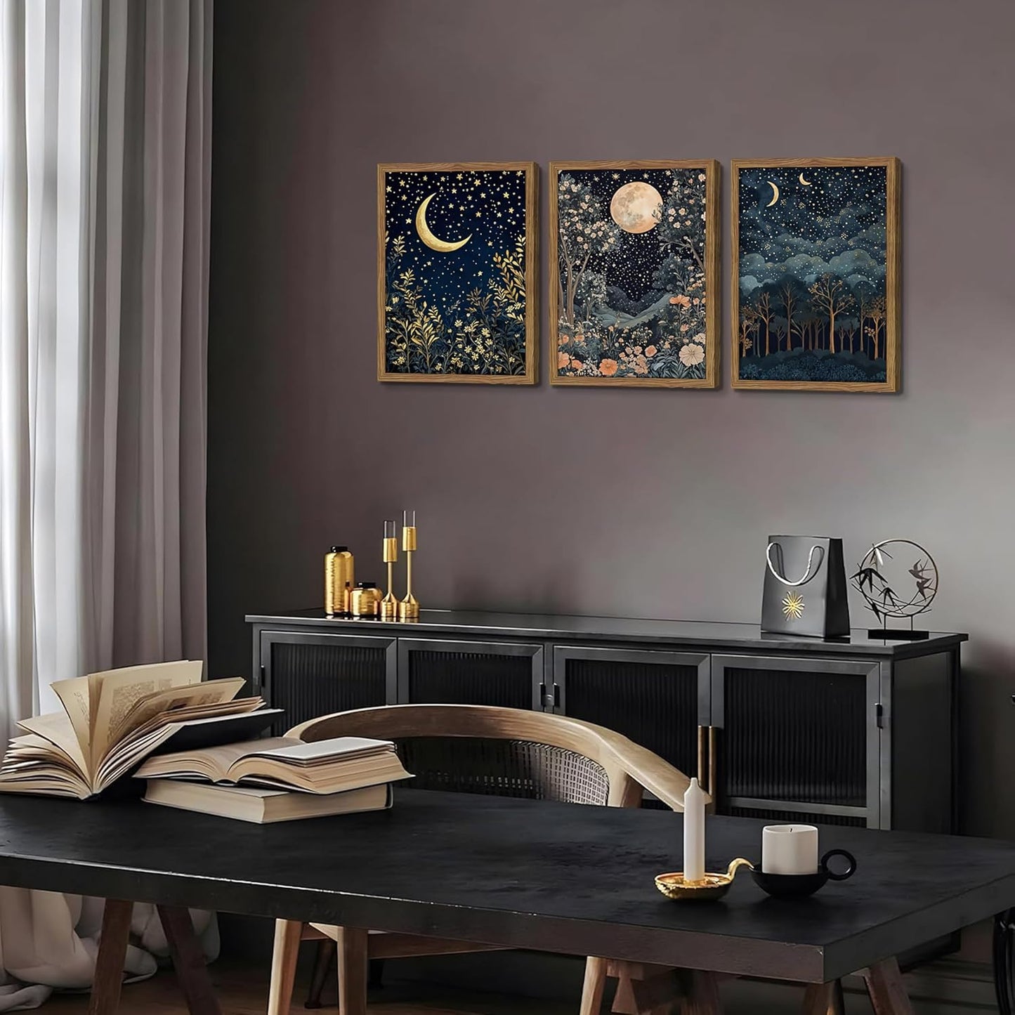 Framed Vintage Botanical Wall Art Set of 3, Nature Moon Night Sky Floral Canvas Prints, Forest Scenery Picture Painting, William Morris Farmhouse Wall Decor for Living Room Bedroom 16x24 inch