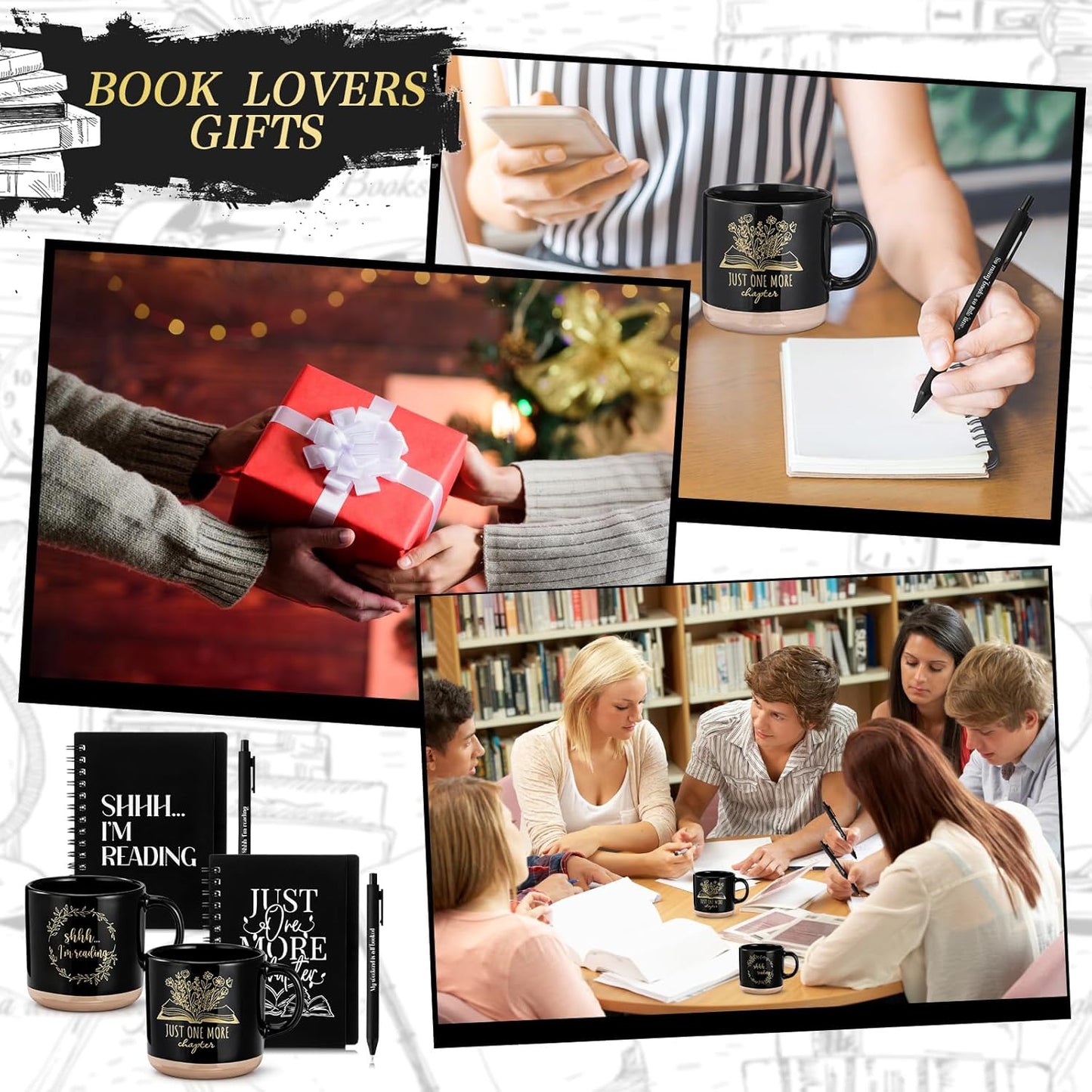 Book Lovers Gift 13oz Ceramic Coffee Mug Book Lovers Spiral Journal Notebook Bookish Greeting Card Ballpoint Pen School Librarian Appreciation Gift for Women Teacher Bookworm(10 Pcs,Vivid)
