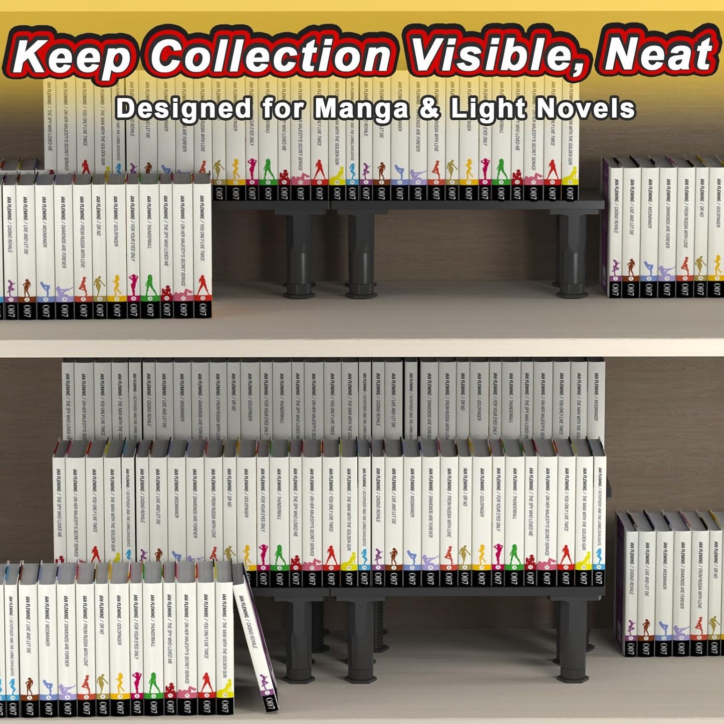 Manga Shelf Risers, 2 Pack Book Riser for Bookshelves, Black Wooden Height Adjustable Comic Books Shelves for Double Rows Display Stand for Books, Collectibles, Anime Figurines, Blind Boxes, CDs