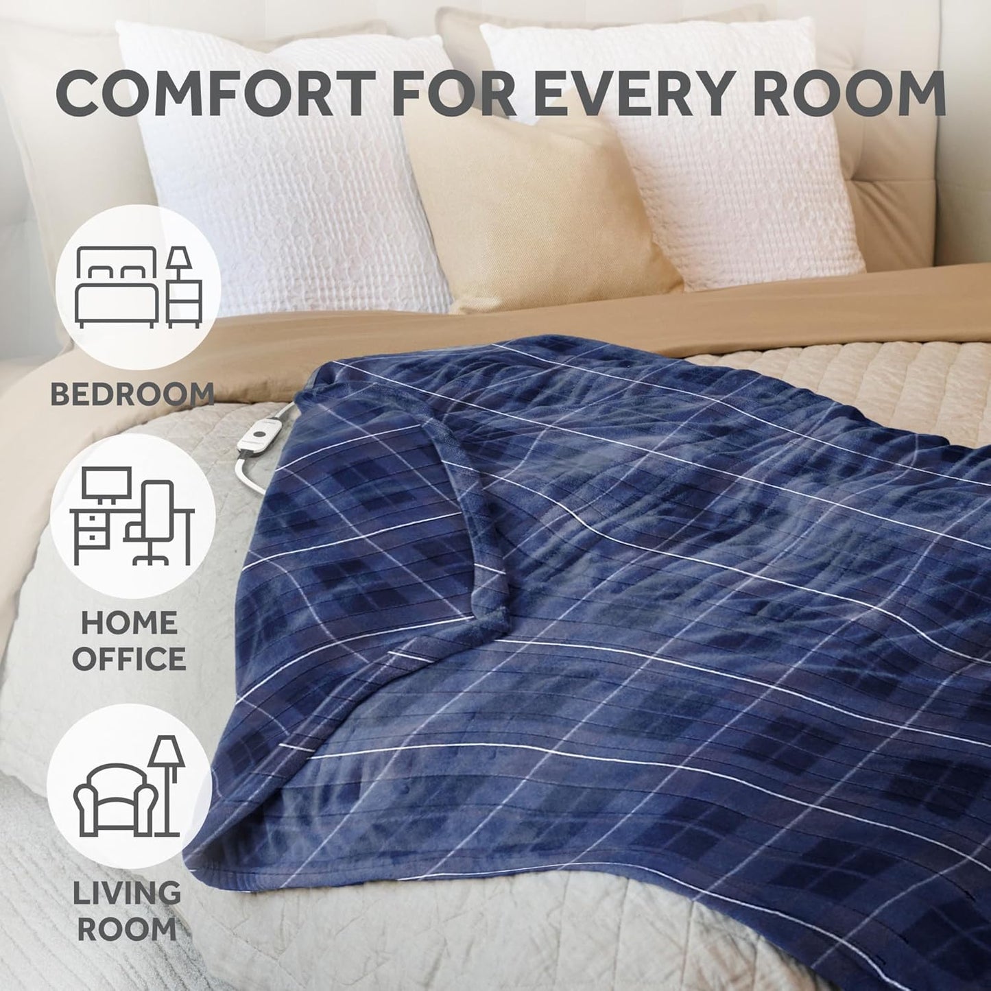 Sunbeam Royal Ultra Rodeen Blue Plaid Heated Personal Throw / Blanket, Cozy-Warm, Adjustable Heat Settings