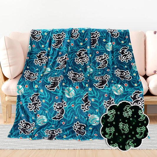 BORORO Twin Size Blanket for Bed Couch - Black Axolotl Blanket Gifts for Boys Girls Women, Blue Soft Salamander Twin Fleece Bedding Throws for Bedroom Decor 60x80 inches