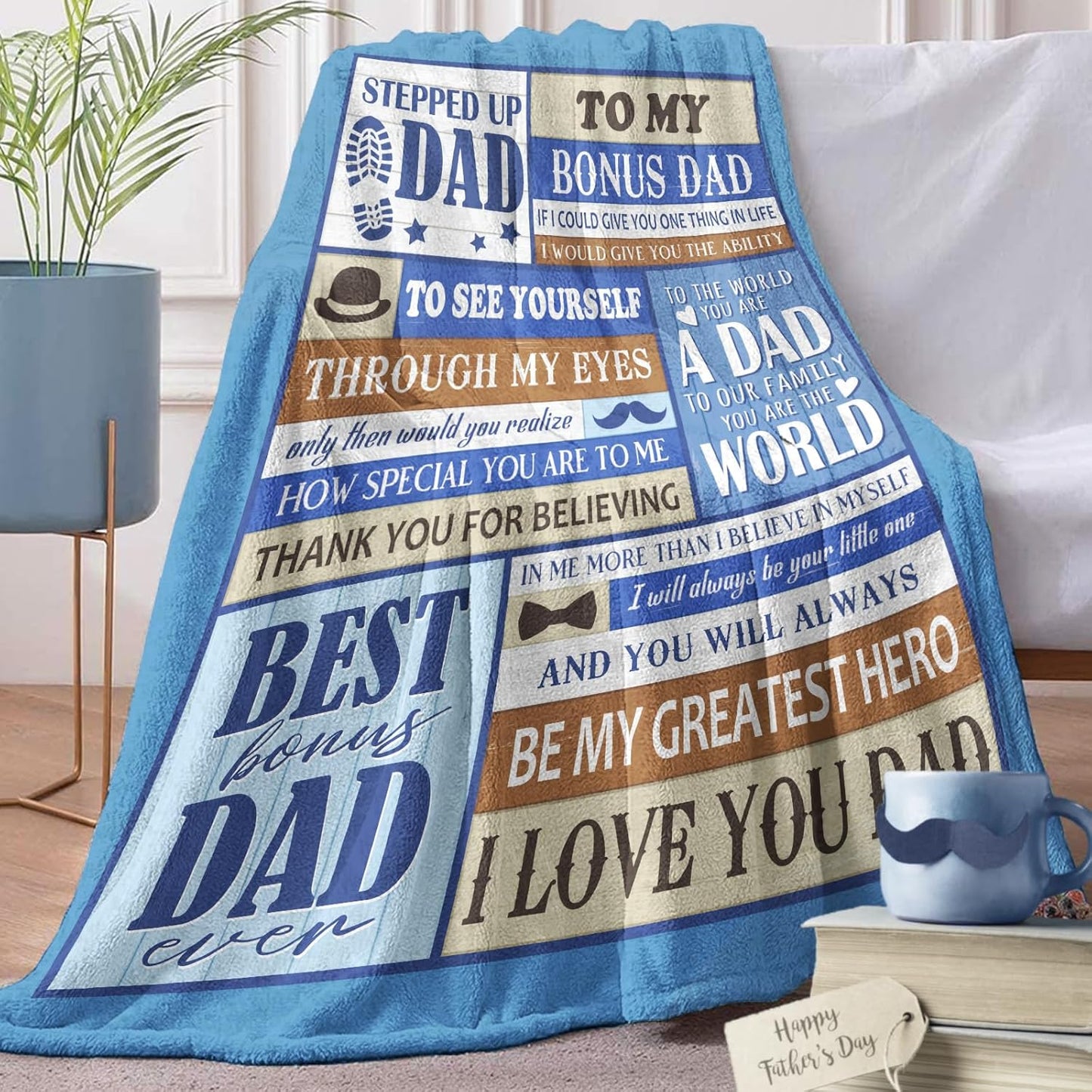 Bonus Dad Gift from Daughter Son Flannel Throw Blanket, for Stepped up Dad, Birthday Ideas for Men, Blue Soft Farmhouse Bedding Sofa Blankets Present 50 x 60 in