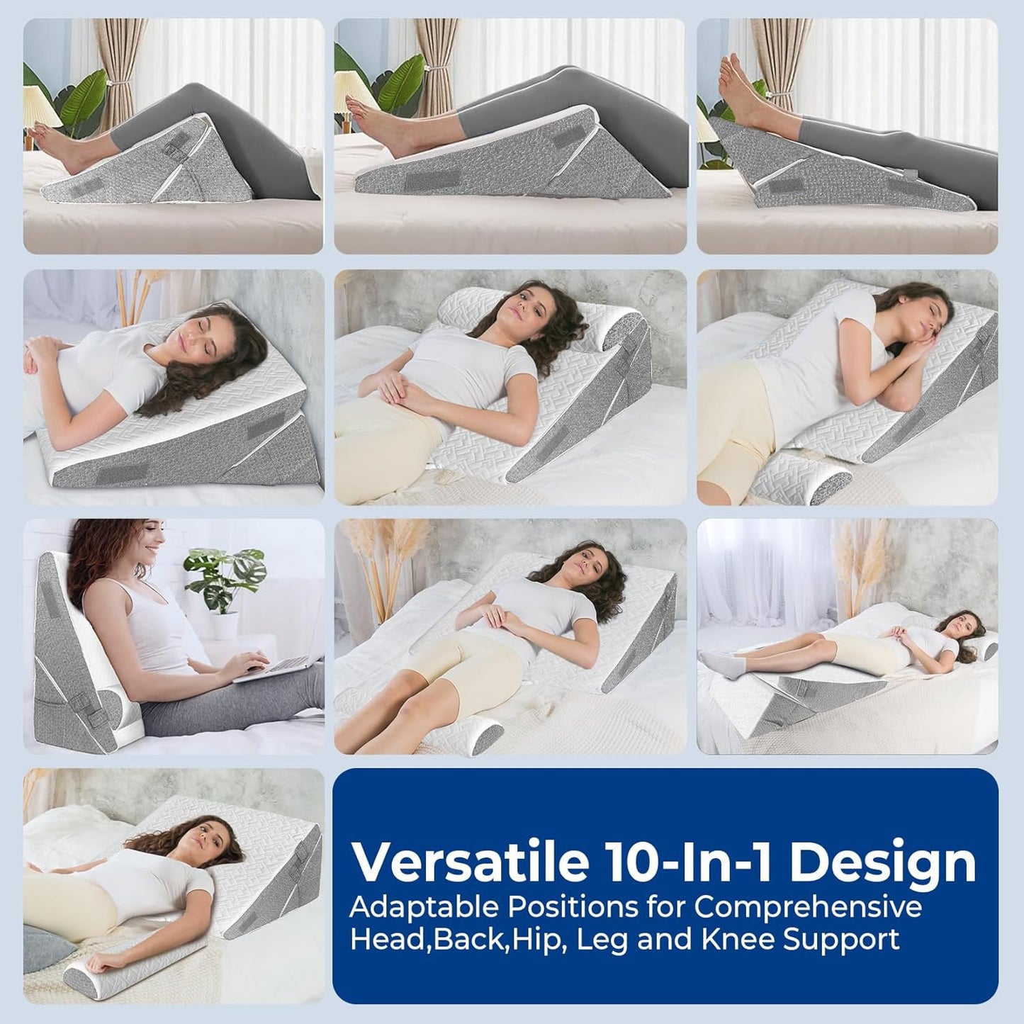 GUWELL Wedge Pillow Headboard for Sleep, 3PCS Adjustable Bed Wedge Pillow for Acid Reflux&Back Pain Relief, Sleeping, Back Pillow for Bed Sitting Up, 12inch/White/Grey