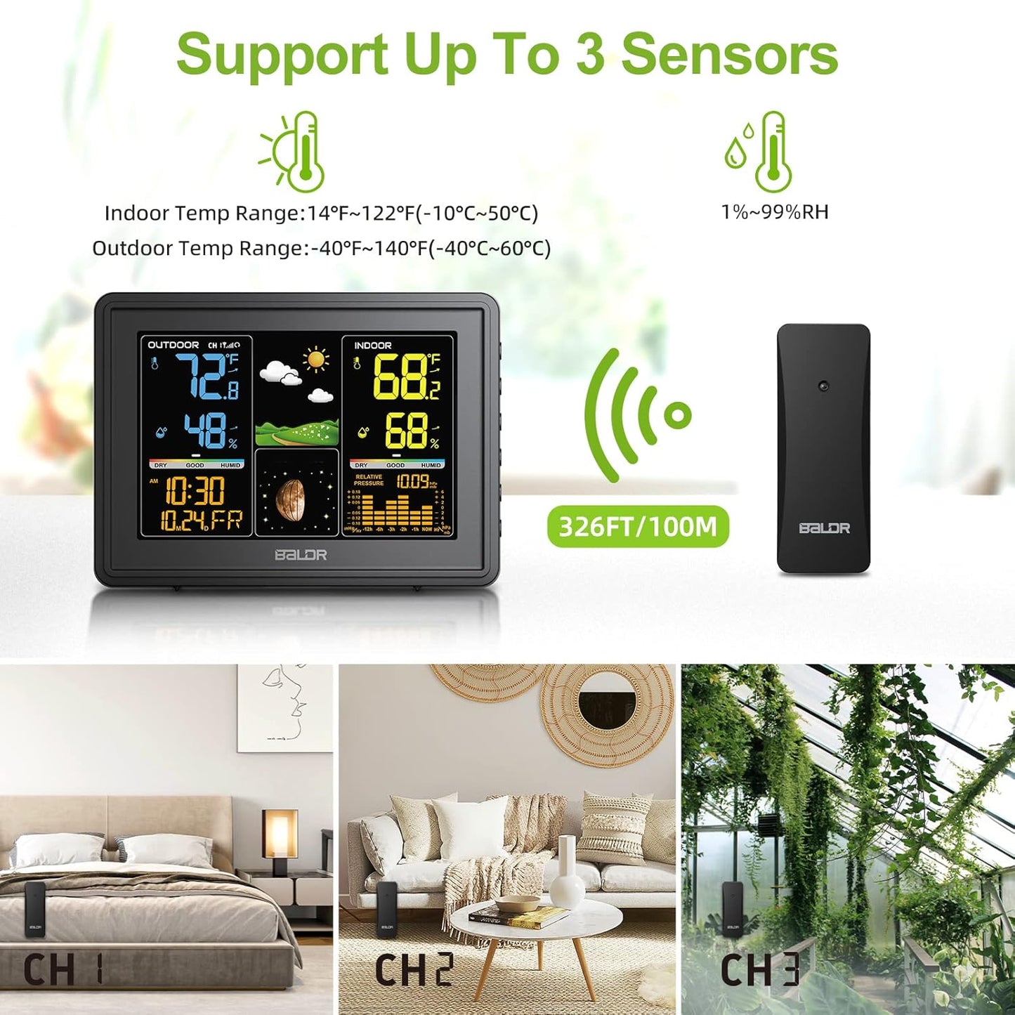 BALDR Weather Station Indoor Outdoor Thermometer Digital Color LCD Moon Phase Barometric Pressure Temperature Humidity Monitor