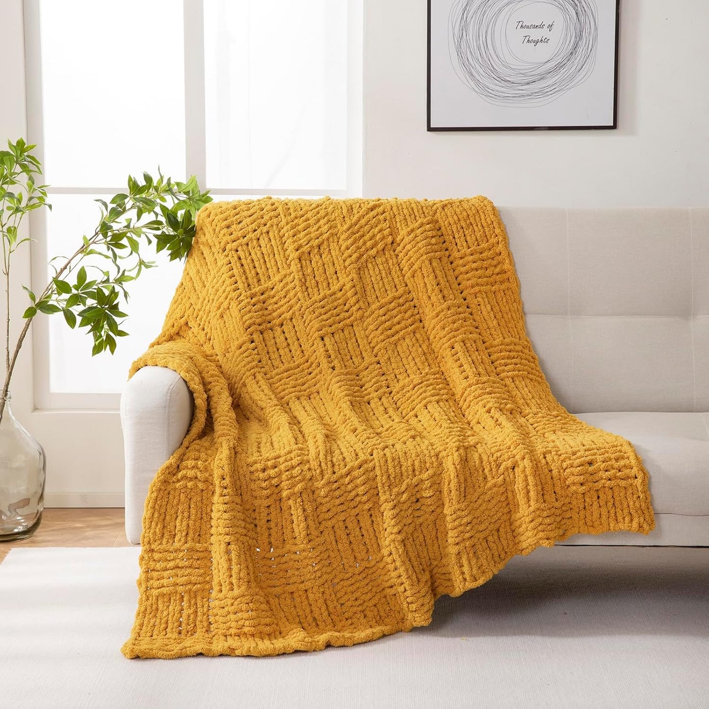 YIRUIO Handmade Chunky Knit Throw Blanket Cable with Checkered Pattern 60x80 Oversized Throw Larger Yarn Ultra Soft Cozy Warm for Home Décor Couch Sofa Bed (Turmeric, Twin XL)
