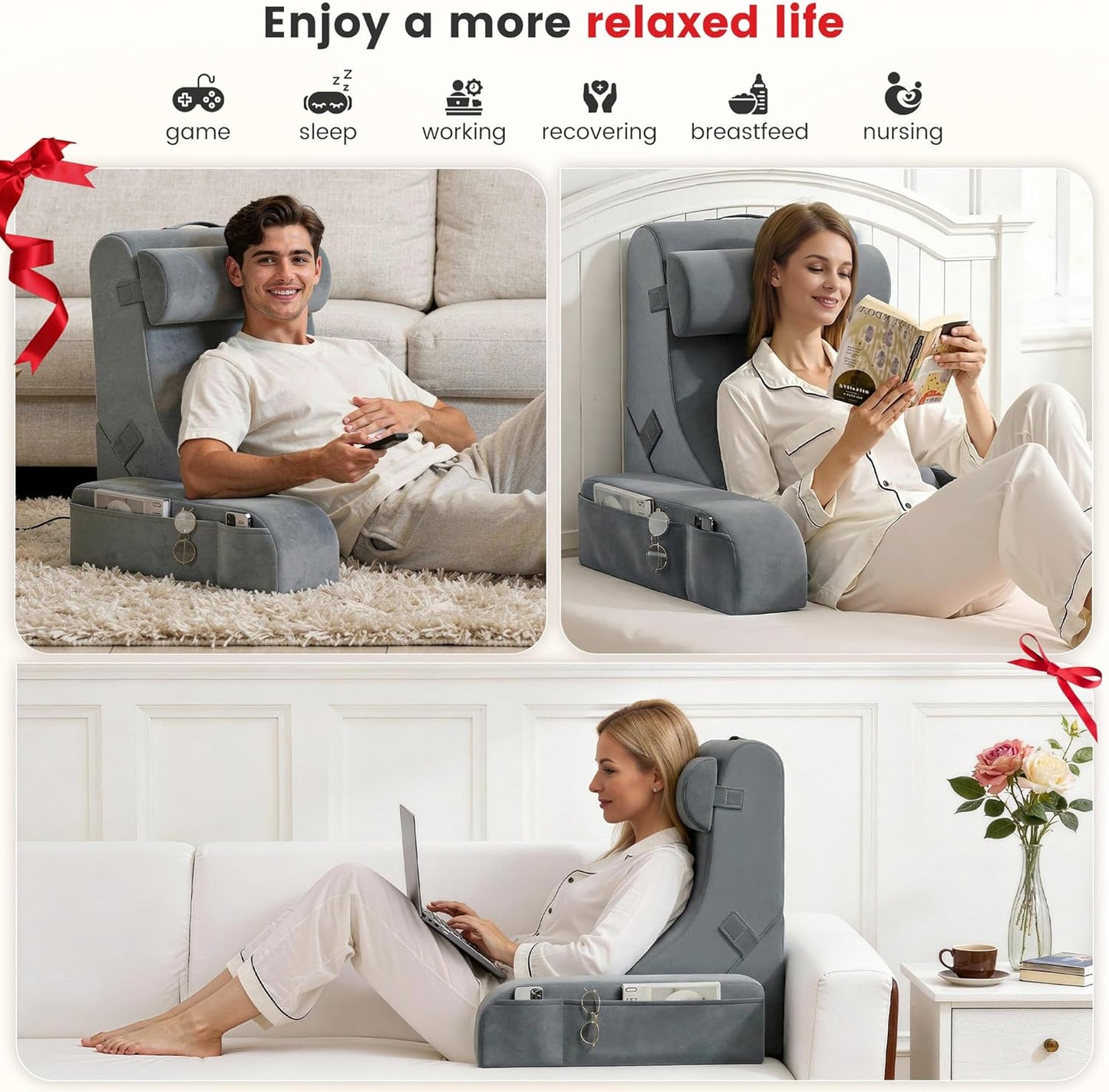 Reading Pillow for Sitting in Bed Adult, 20" Back Pillow for Bed Sitting up with Armrests & Storage Pockets, Ergonomic Wedge Pillow for Watching TV, Gaming, Working, Recovery, 5PCS, Grey