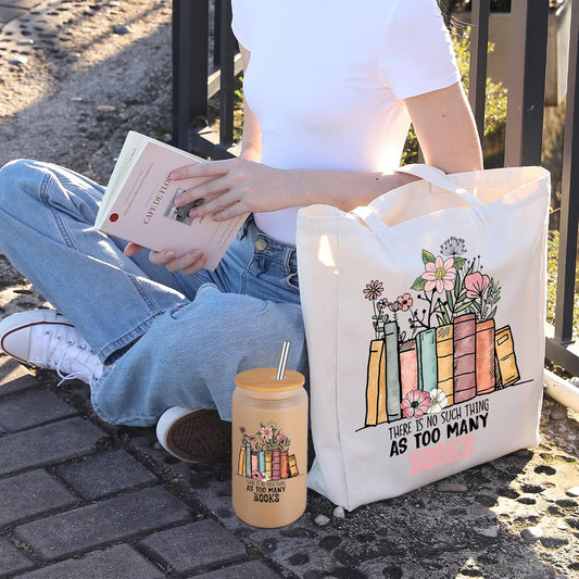 Fairy's Gift Book Lovers 캔버스 토트백 & 반투명 유리 컵 세트, 책 애호가를 위한 어머니의 날 생일 책 선물, 독자를 위한 선물, 여성 사서 교사, 독서 액세서리, 책벌레 선물