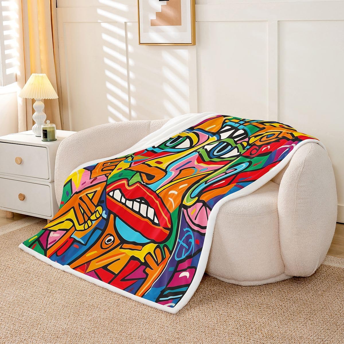 Castle Fairy Graffiti Art Throw Blankets,Abstract Human Pattern Fleece Blanket,Kids Girls Boys Adult Urban Street Painting Art Fuzzy Blankets Modern Hippie Sherpa Blanket Chair Sofa Bed Decor,90"×90"