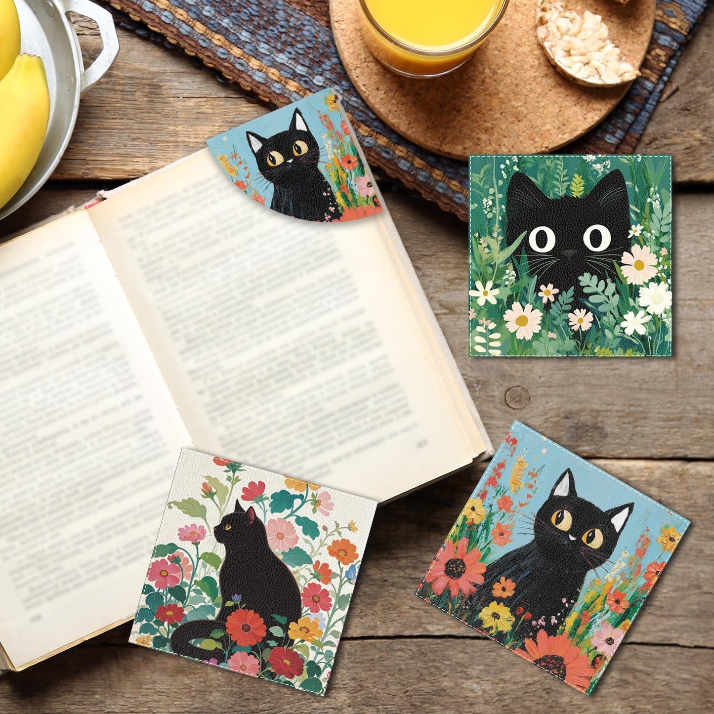 Black Cat Corner Bookmark - 4Pcs Black Cat Floral Leather Bookmark Animal Flower Plant Reading Book Page Markers for Women Men Book Lovers Reader Teacher Students Bookish Birthday Gifts