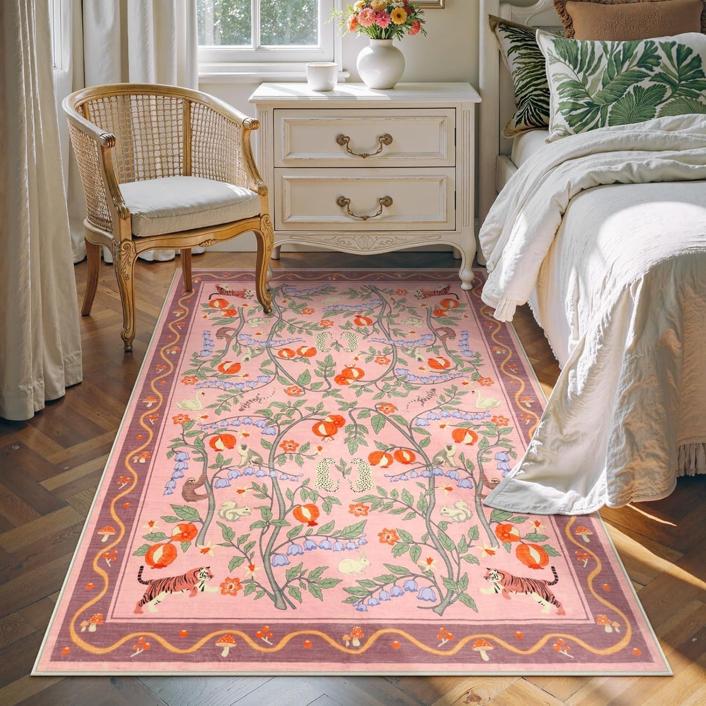 OJIA Animal Print Washable Rugs 5x7 Nursery Rug, Soft Pink Playroom Rug Non-Slip Boho Area Rug, Ultra-Thin Modern Floral Living Room Carpet for Bedroom Kids Room Classroom Office