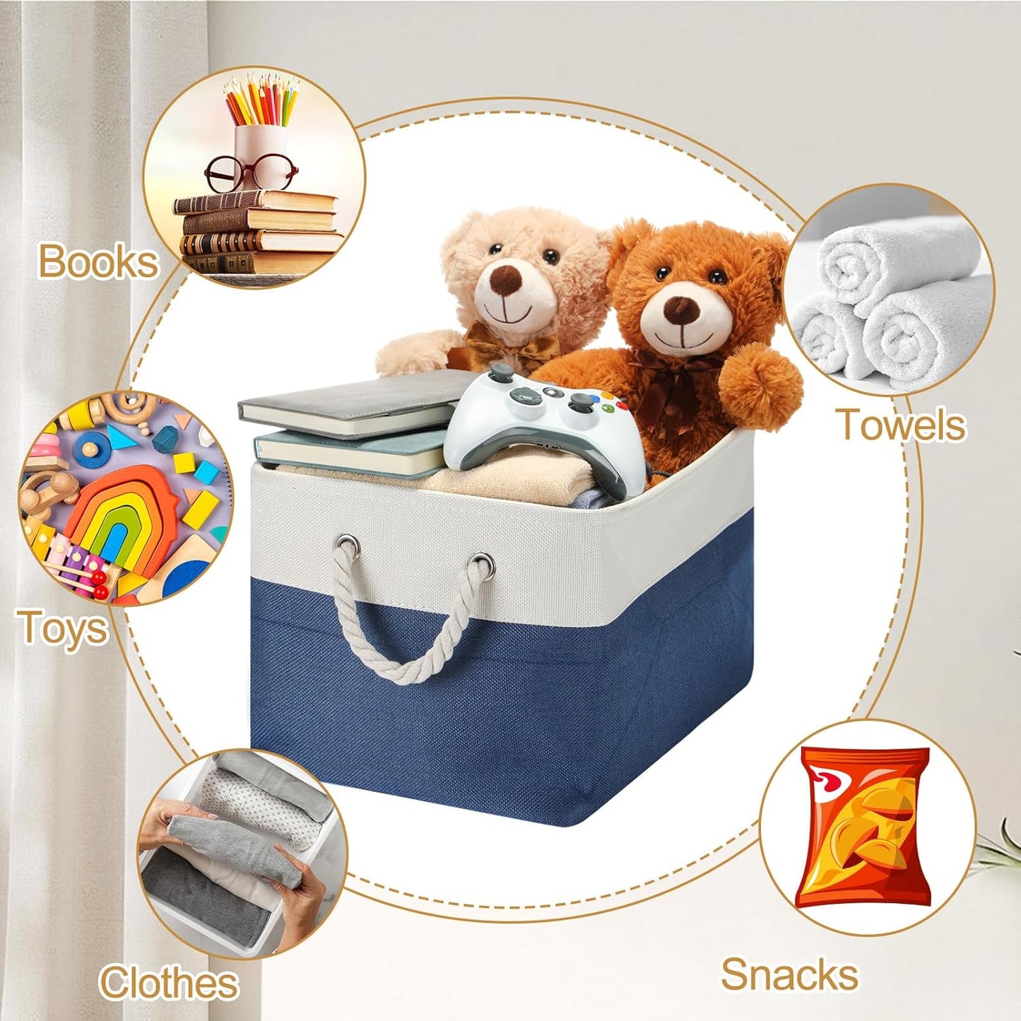 10 Pack Large Collapsible Fabric Storage Baskets with Handles Decorative Storage Bins for Organizing Shelves Toys Clothes(White & Dark Blue,16 x 12 x 10 Inches)