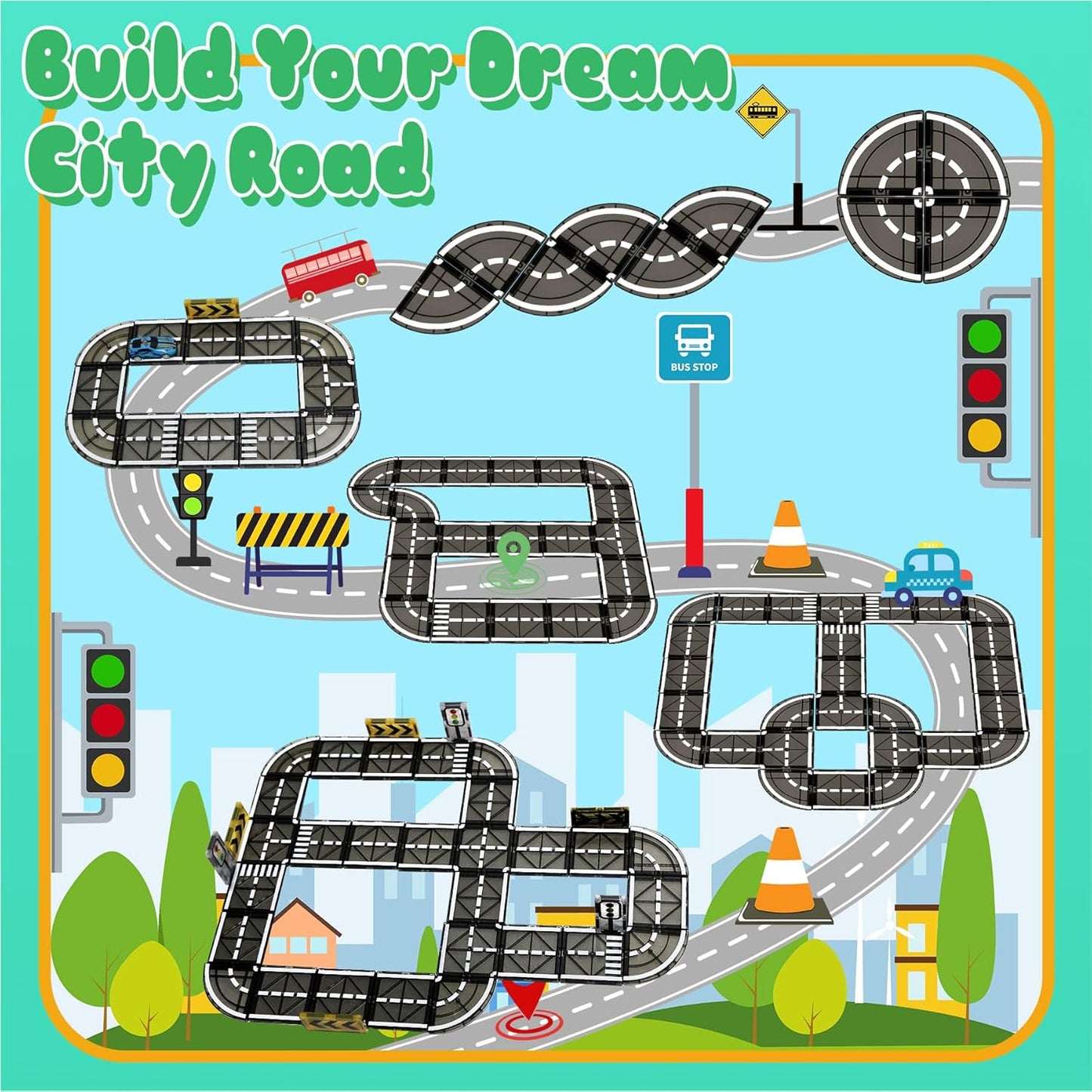 Magnetic Tiles Road Set with Pullback Car, Magnetic Blocks for Kids Ages 4-8, Magnet Tiles for Preschool STEM Building Toy, Autism Learning Sensory Montessori Toys Gift for Toddler Boys and Girls