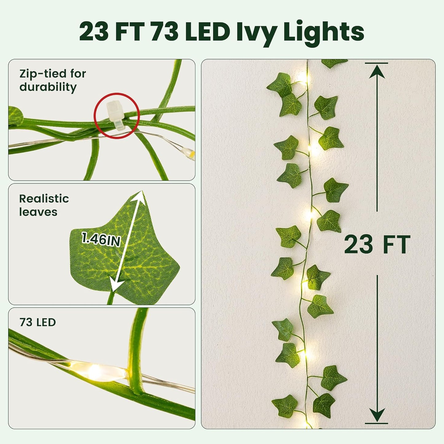 HEYFUNi Fake Ivy Vines with Lights, 23 Ft 73 Led Artificial Greenery Garland with Fairy Lights USB/Battery Operated, Leaf String Lights for Bedroom Aesthetic, Wall, Balcony, Wedding Decor, Warm White