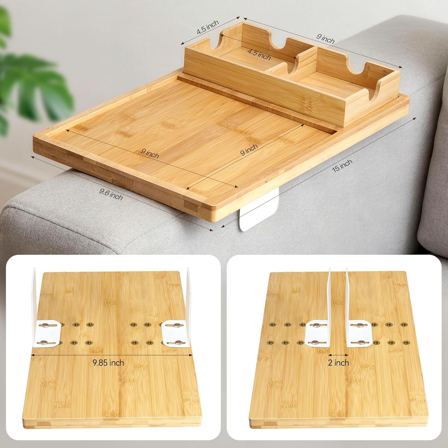 2-in-1 Couch Cup Holder Tray with Metal Legs, Bamboo Couch Armrest Table with Detachable Cup Holder, Adjustable 2–9.85 Inch Fit, Extra Stable Sofa Arm Tray for Living Room & Recliner