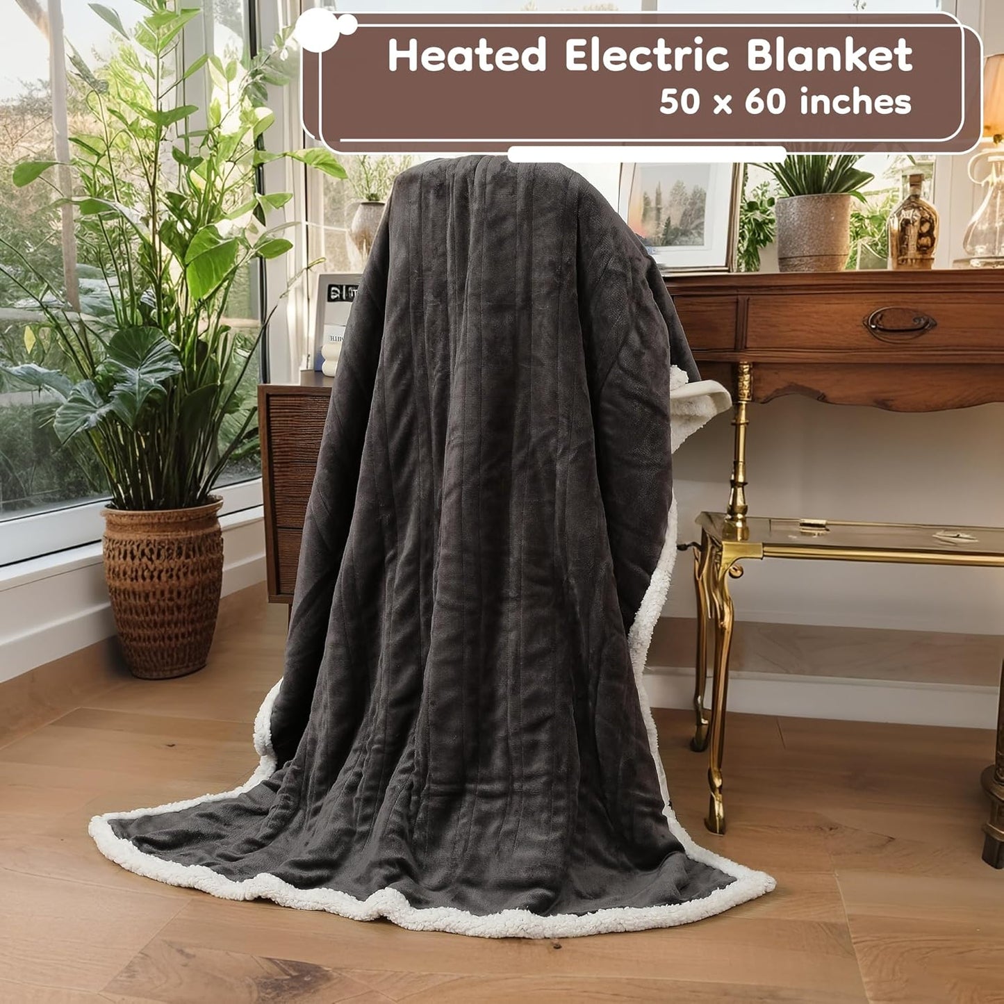 Electric Heated Blanket Throw Size 50"x60", Dual-Sided Soft Flannel & Sherpa, 4 Heat Settings with 3H Timer, Breathable Warm for Bed & Couch, Machine Washable, Dark Grey