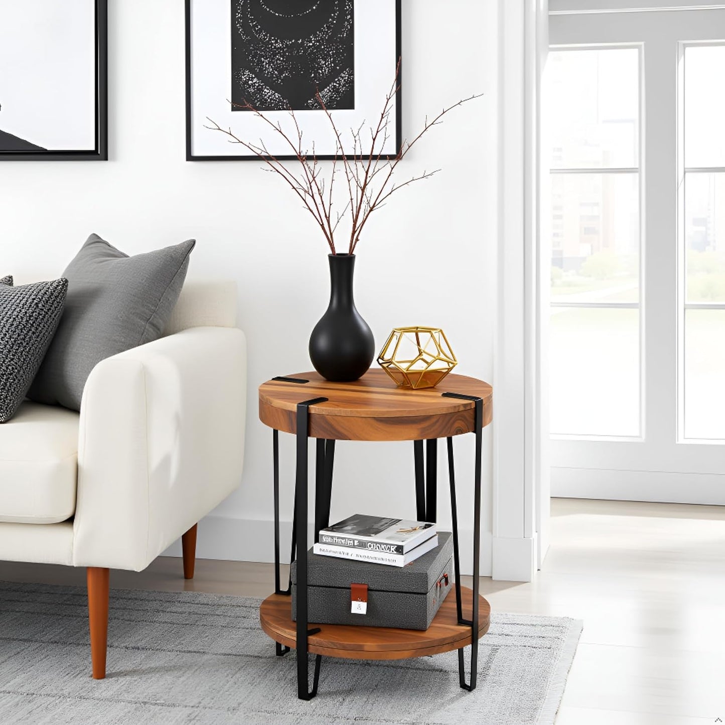 Ryegate 2-Tier Round Acacia Wood & Metal End Table with Bottom Shelf – Rustic Modern Accent Table with Live Edge, Natural Finish and Metal Straps for Living Room or Bedroom by Alaterre Furniture