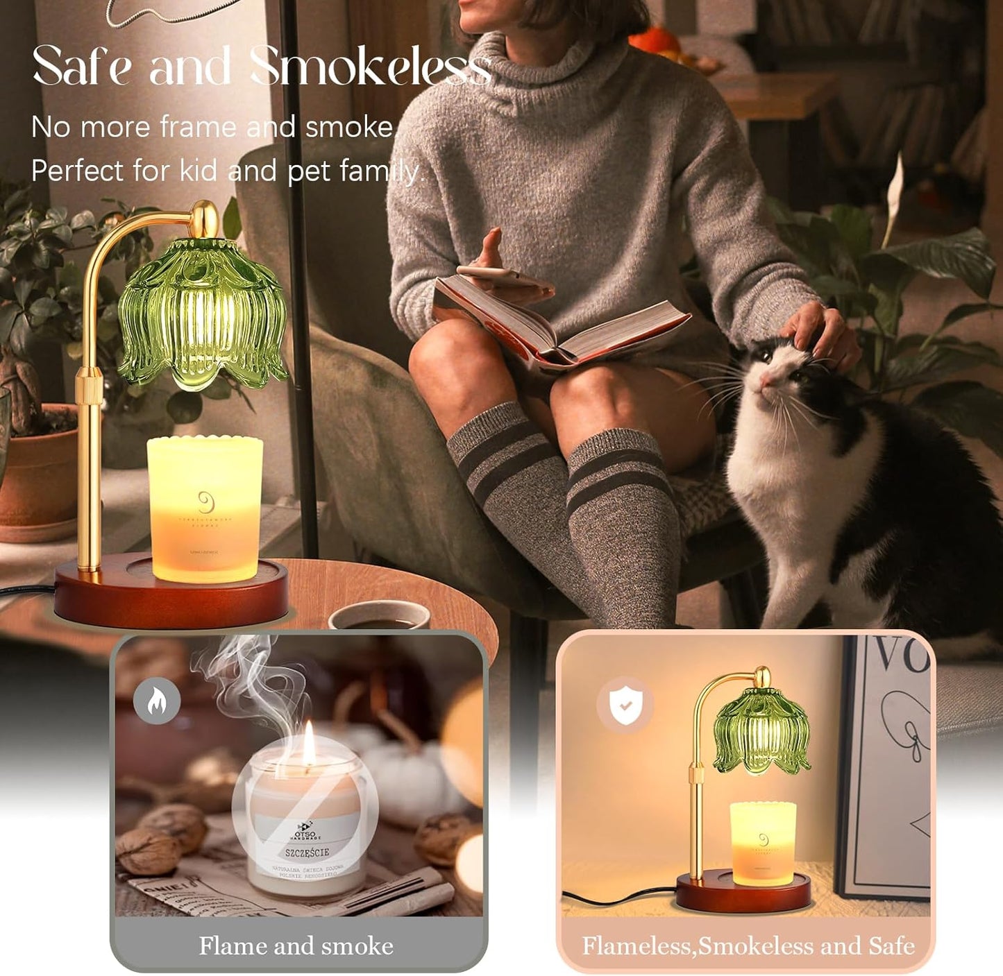 Adjustable Flower Candle Warmer Lamp with Timer, Lotus Tulip Glass Warmer Light for Jar Candles, Electric Wax Warming Melter, Gifts for Women Mom, Vintage Bedroom Decor (Green)
