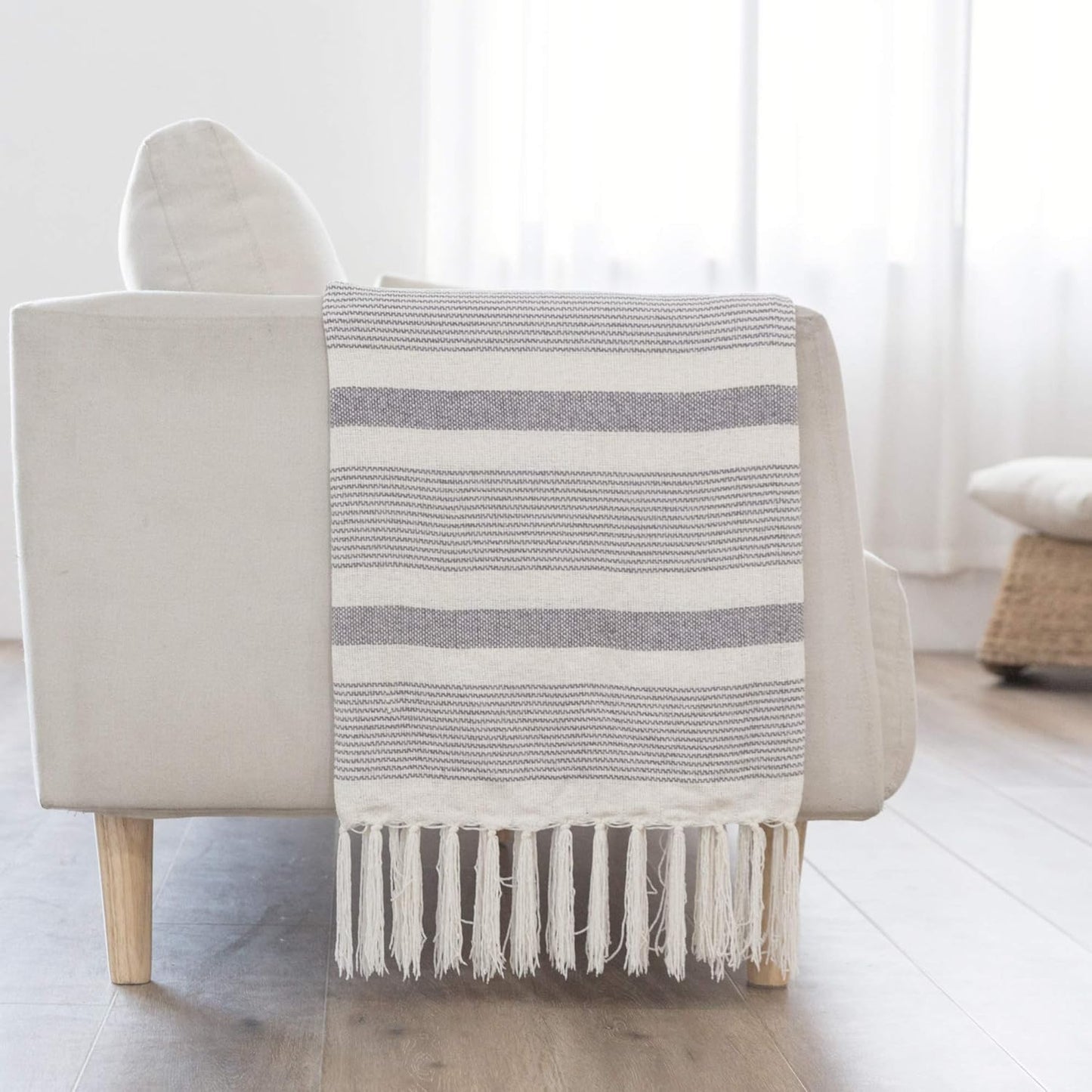 Decorative Grey Ivory Striped Throw with Fringe, Soft Chenille Knitted Farmhouse Lightweight Blanket with Tassels for Couch Sofa Chair Bed Office Home Décor, Gray and Off White,50" x 60"