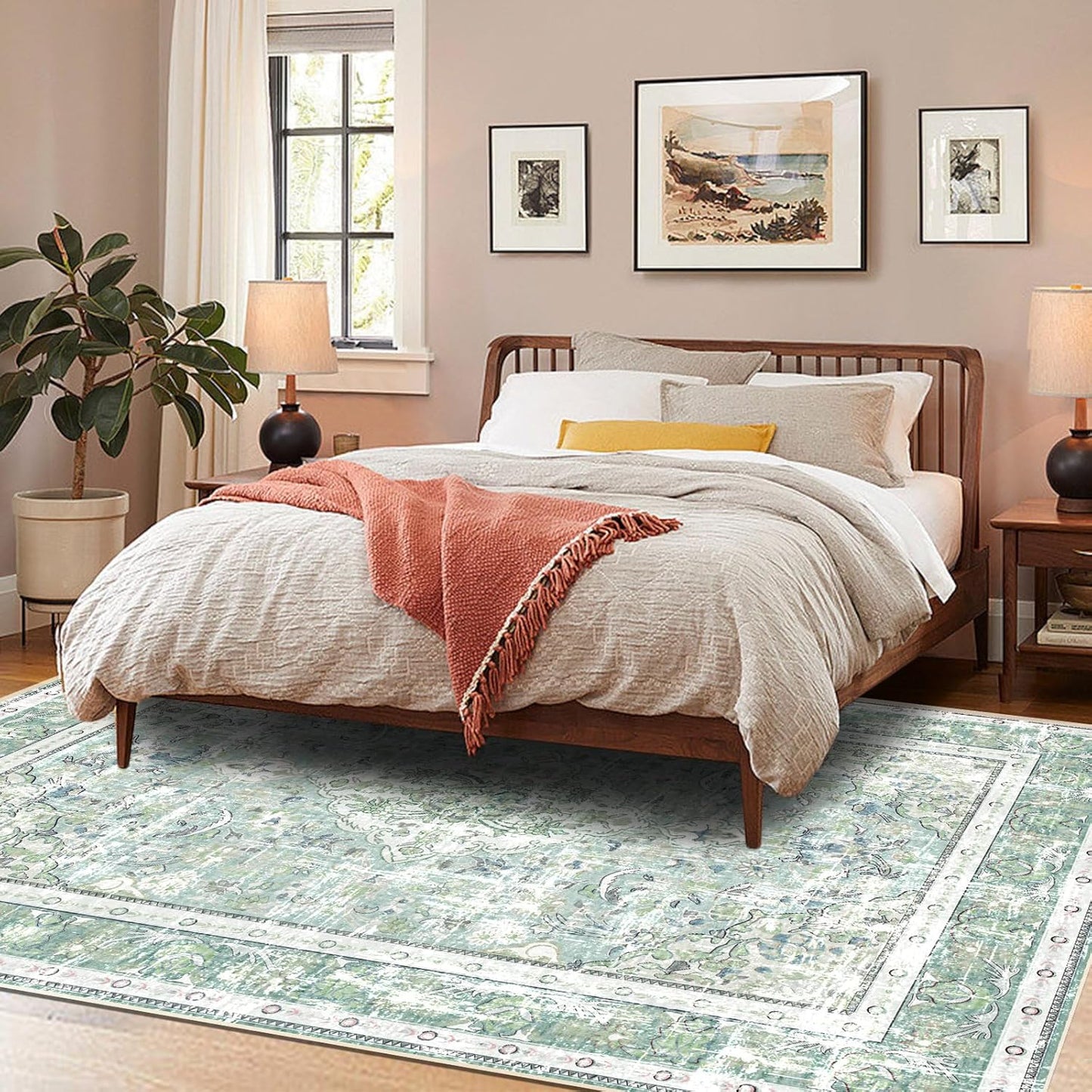 Vhong Boho Area Rugs Vintage Washable Modern Neutral Large Carpet Sage Green 8×10 High Traffic Rugs for Dinning Room Living Room Bedroom Farmhouse Non Slip
