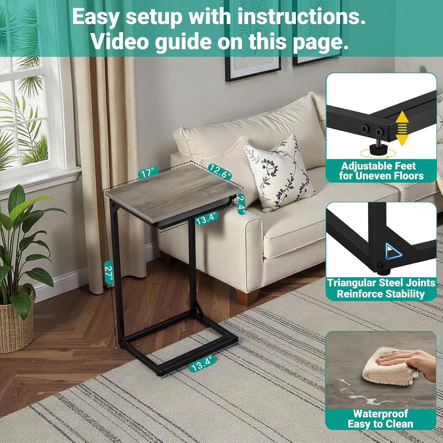 C Shaped End Table with Cubby, Reinforced Base Small Couch Tables That Slide Under, 27”H C Table for Sofa, TV Tray Table for Eating, Couch Side Table for Small Spaces, Living Room, Bedroom