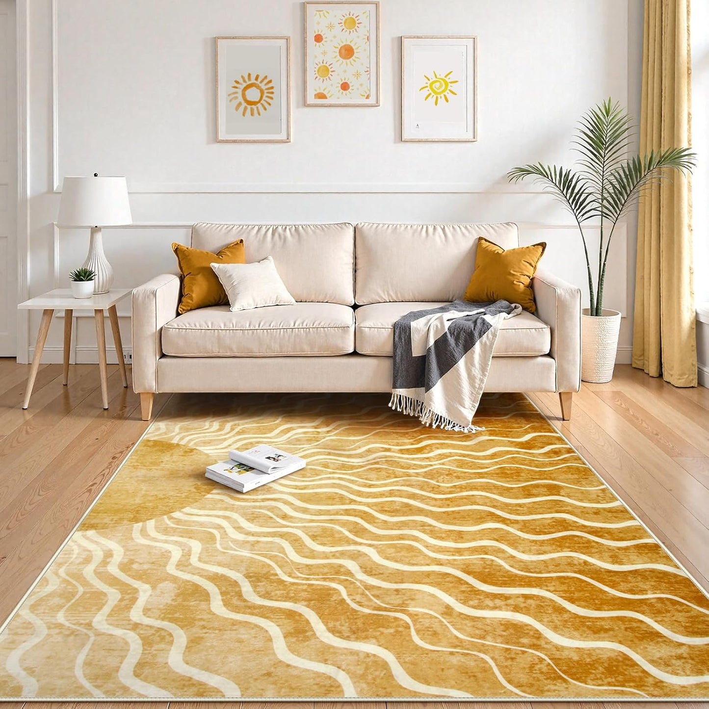 Wonnitar Sun Print Washable Area Rugs, 6x9 Rug for Kids Room Living Room, Gradient Yellow Soft Non Slip Sunshine Boho Ultra-Thin Carpet for Bedroom Classroom Playroom Nursery