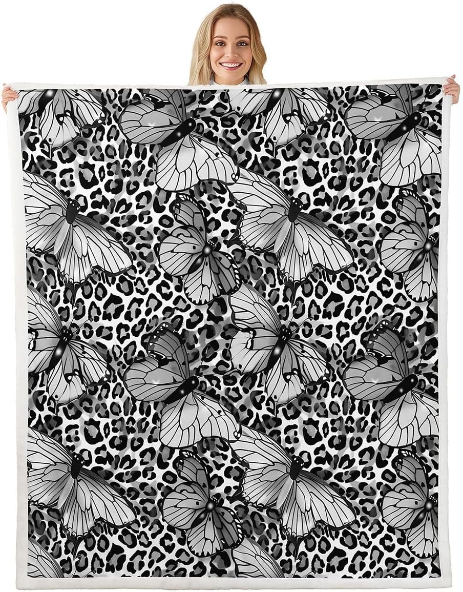 Feelyou Black Leopard Printed Sherpa Throw Blanket for Couch Butterfly Super Soft Cozy Fleece Animals Blanket for Winter, Plush Throw Baby 30"x40" All Season