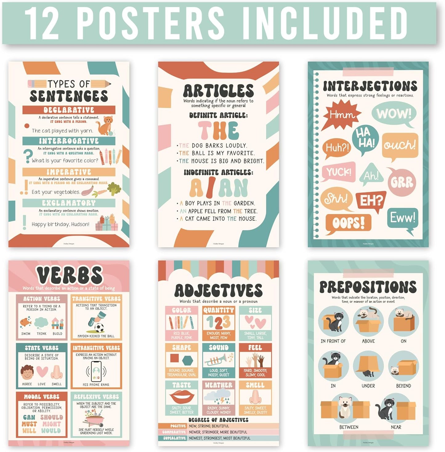 Hadley Designs Parts of Speech Posters for Classroom Decor - 12 English Grammar Posters for Classroom, Writing Process Language Arts Elementary & Middle School, ELA Retro Teacher Must Haves