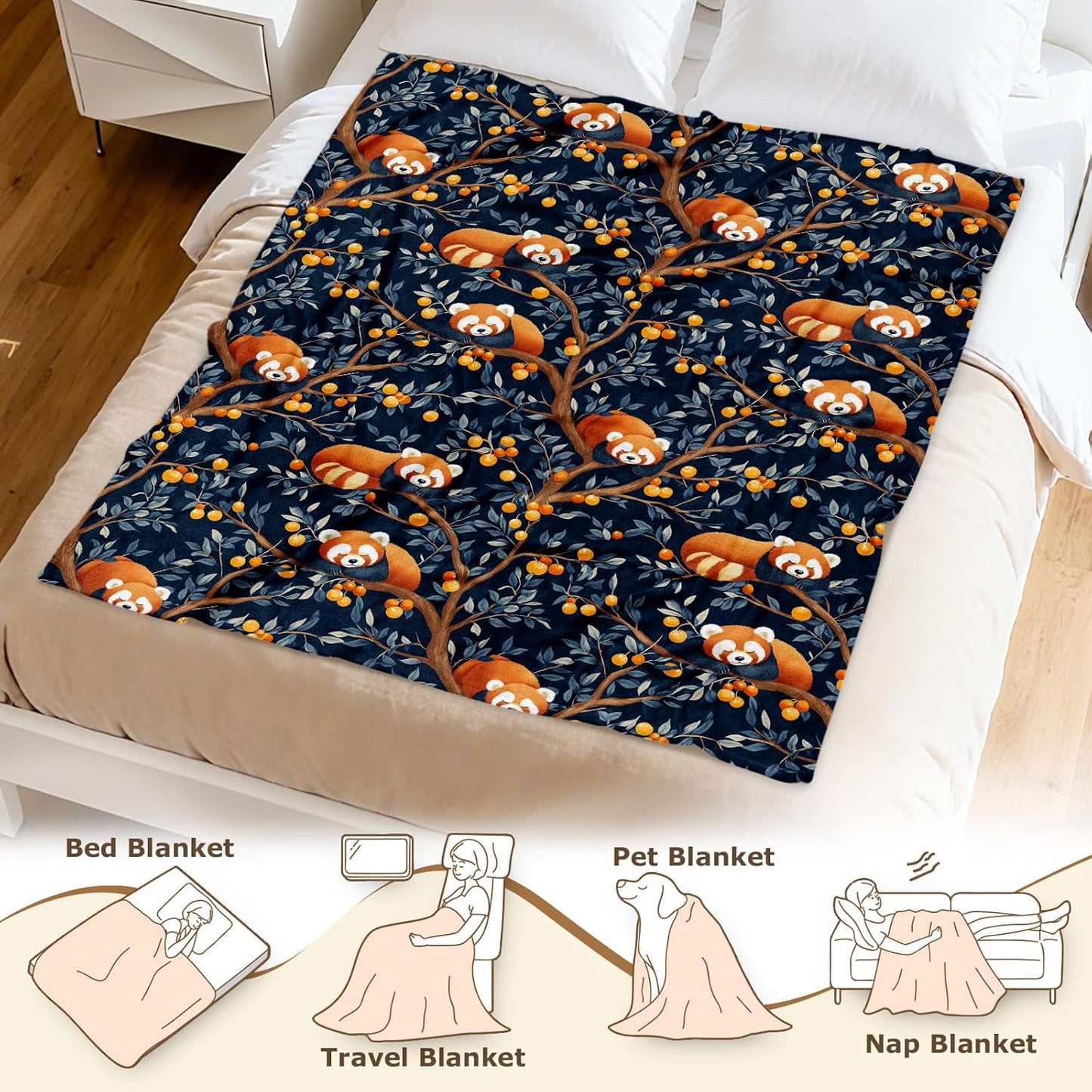 Aimego Red Panda Blanket Gift for Girls Women Cute Nighttime Tree Red Panda Throw Blanket for Friends Animal Blankets Birthday for Kids Girls Adults Bedroom Living Room(50X60 Inch)