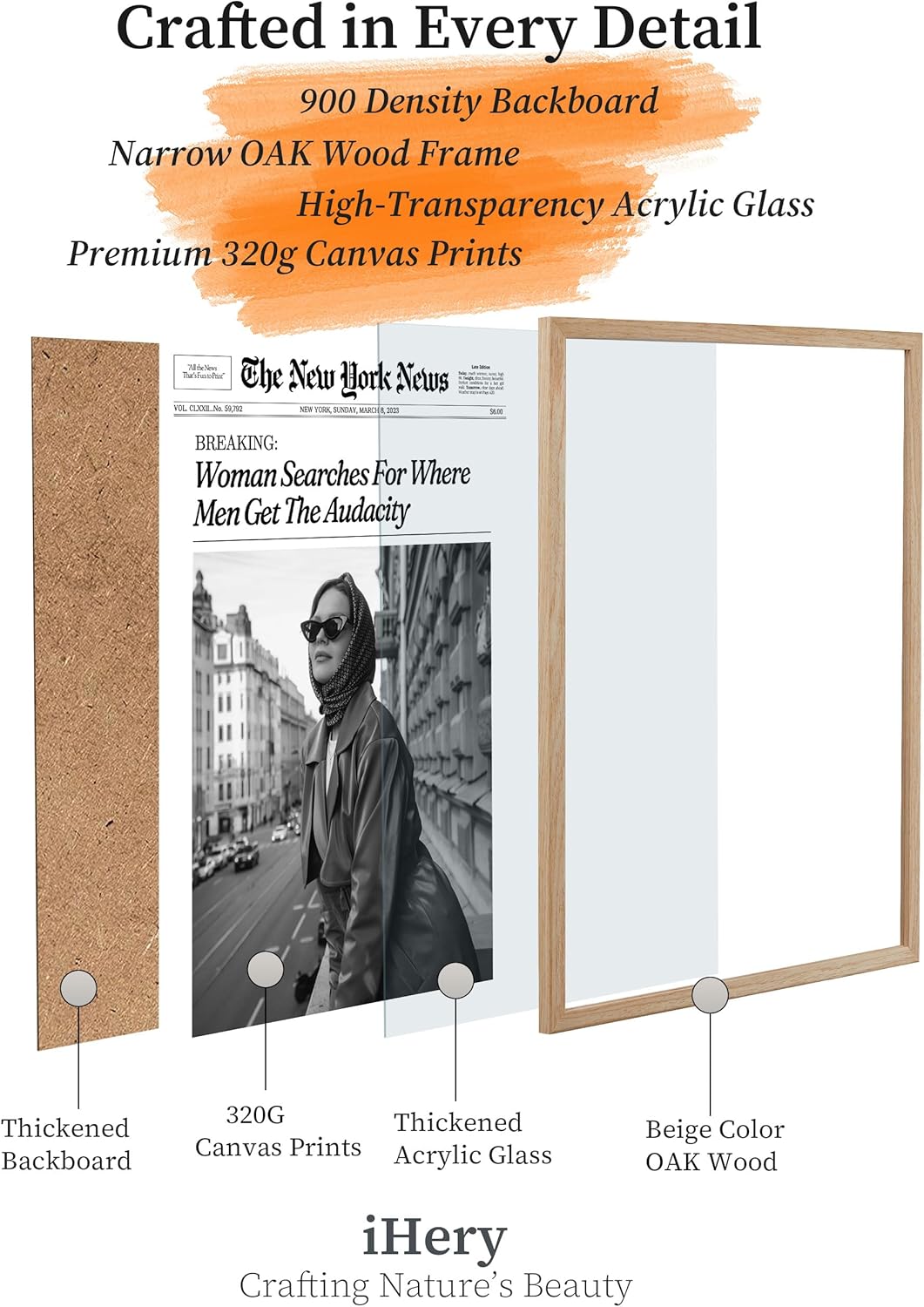 iHery Natural OAK Wood Newspaper Trendy Framed Wall Art, 12x16 in Vintage Headline Canvas Print, Woman Searches for Where Men Get The Audacity Poster, New York News Beige Frame Logs Retro Set of 1