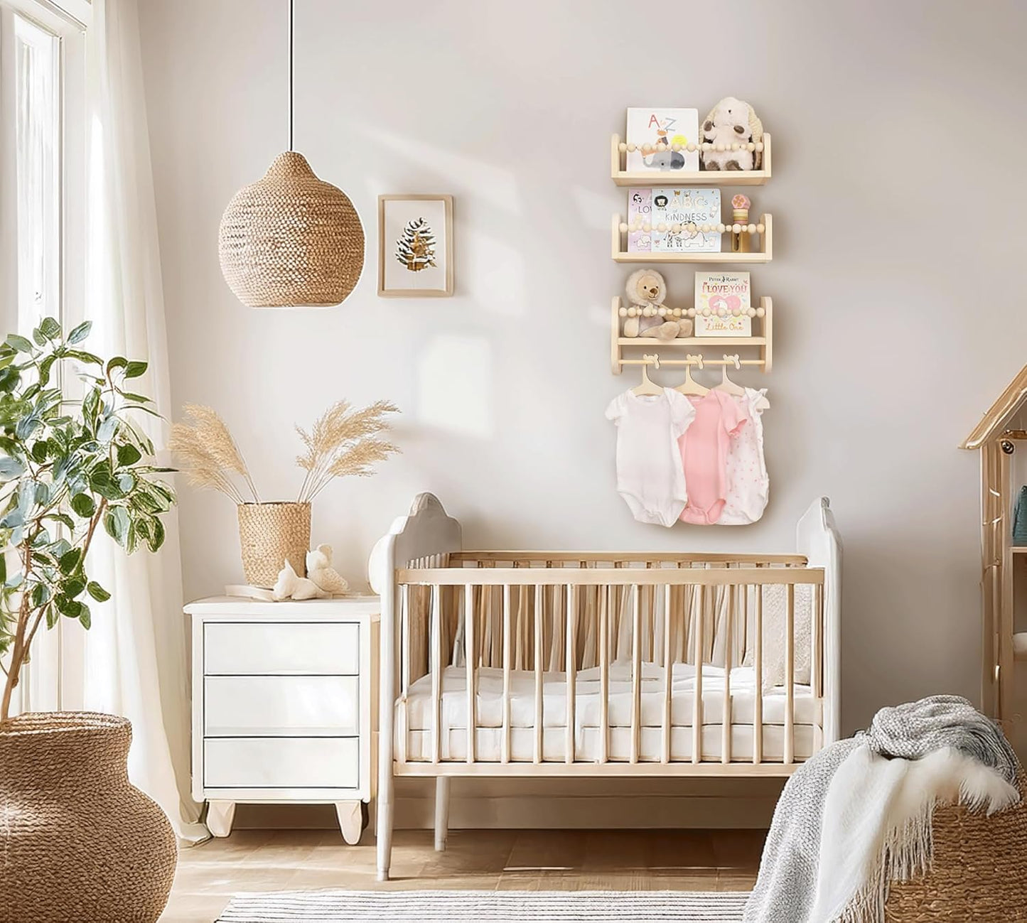 CNK Nursery Floating Book Shelves for Wall Mounted Set of 3 Book Shelf for Kids Room, Toddler Room, Baby Rooms Natural Pine Wood Bookshelf Toy Storage with Rack Playroom Decor